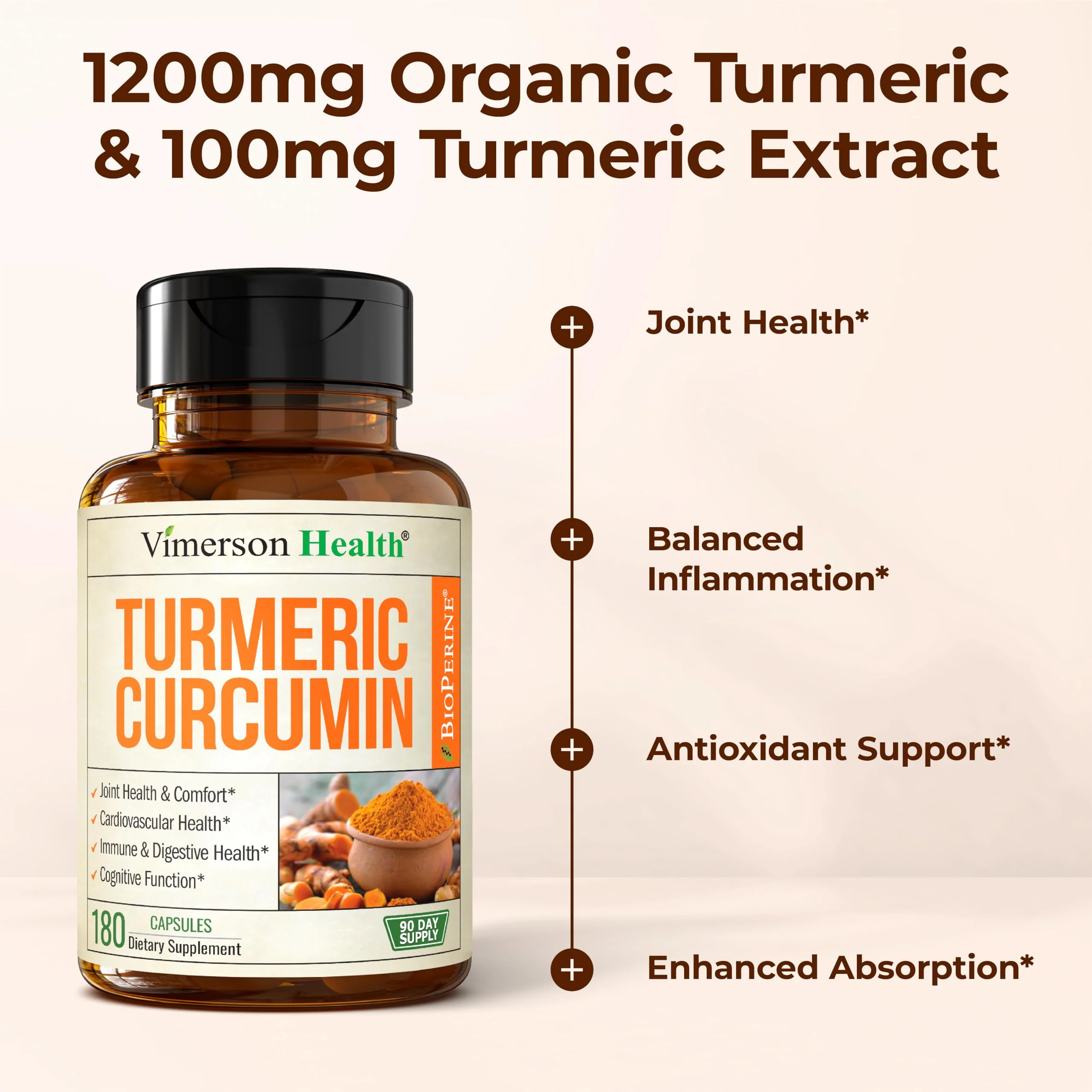 Vimerson Health Turmeric Curcumin 1200mg with Black Pepper - Joint & Digestive Support, 180 Vegan Capsules - Image 14