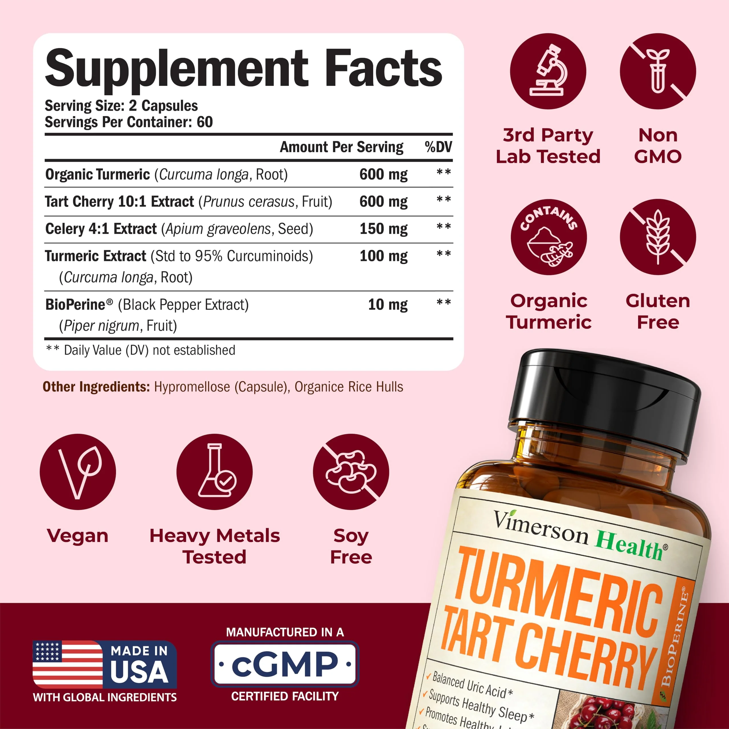 Vimerson Health Turmeric Curcumin with Tart Cherry & Celery Seed - Joint Support, Uric Balance, Sleep Aid - 120 Capsules - Image 12