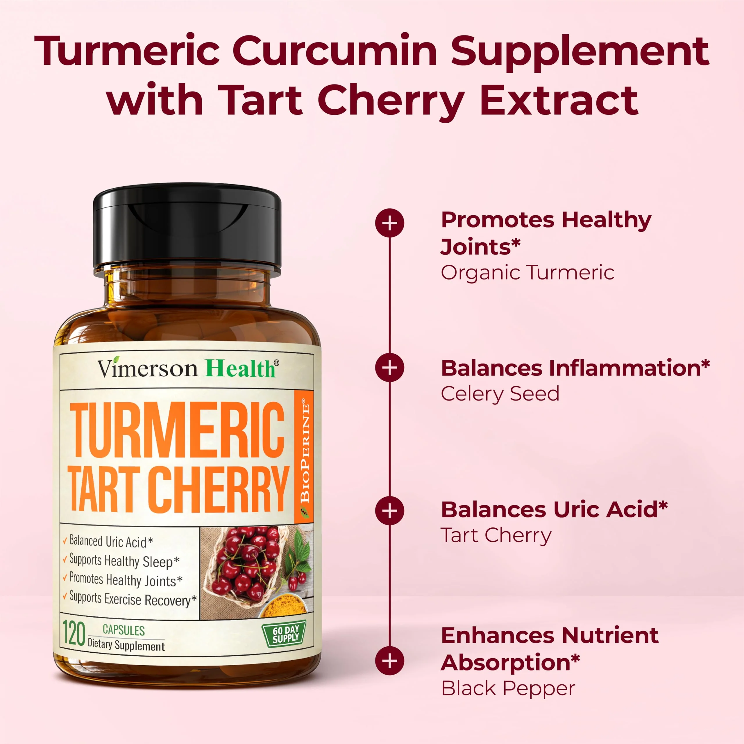 Vimerson Health Turmeric Curcumin with Tart Cherry & Celery Seed - Joint Support, Uric Balance, Sleep Aid - 120 Capsules - Image 14