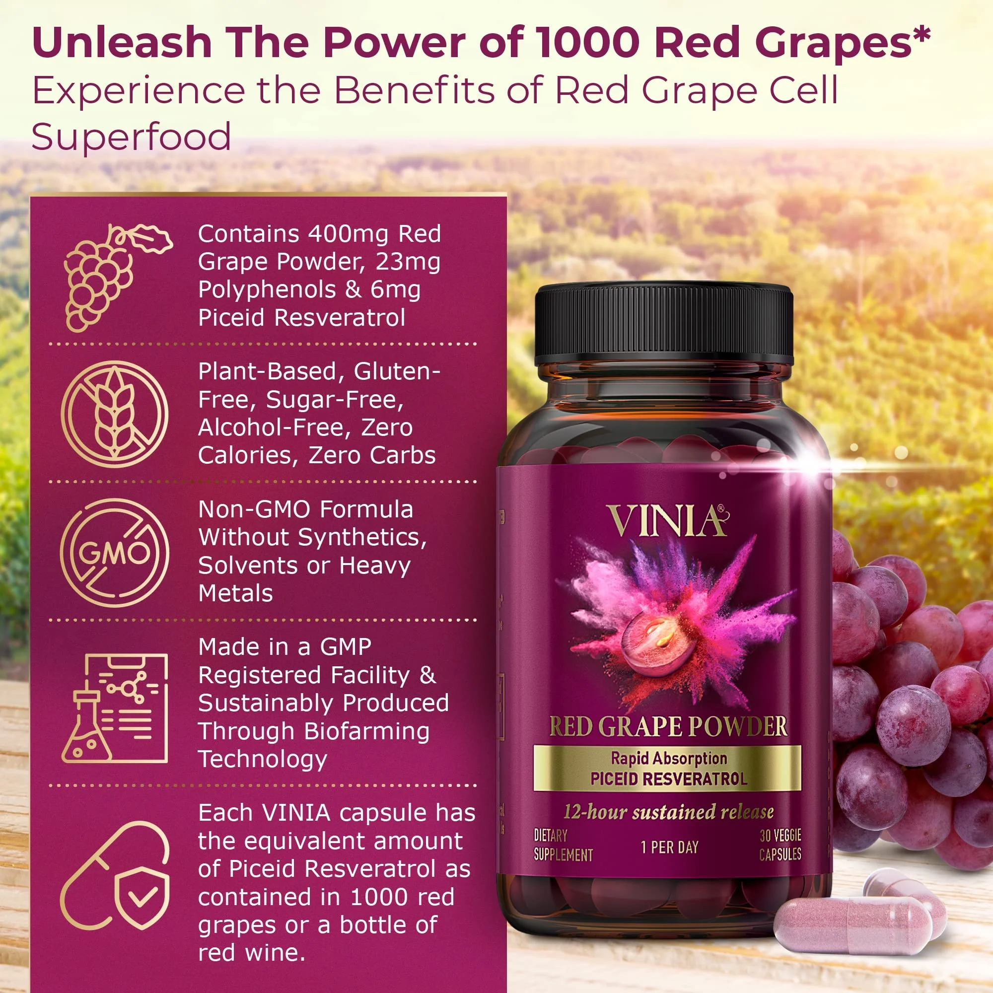 VINIA Piceid Resveratrol Supplement | Supports Blood Flow, Nitric Oxide, and Heart Health - Non-GMO, 60 Count - Image 11