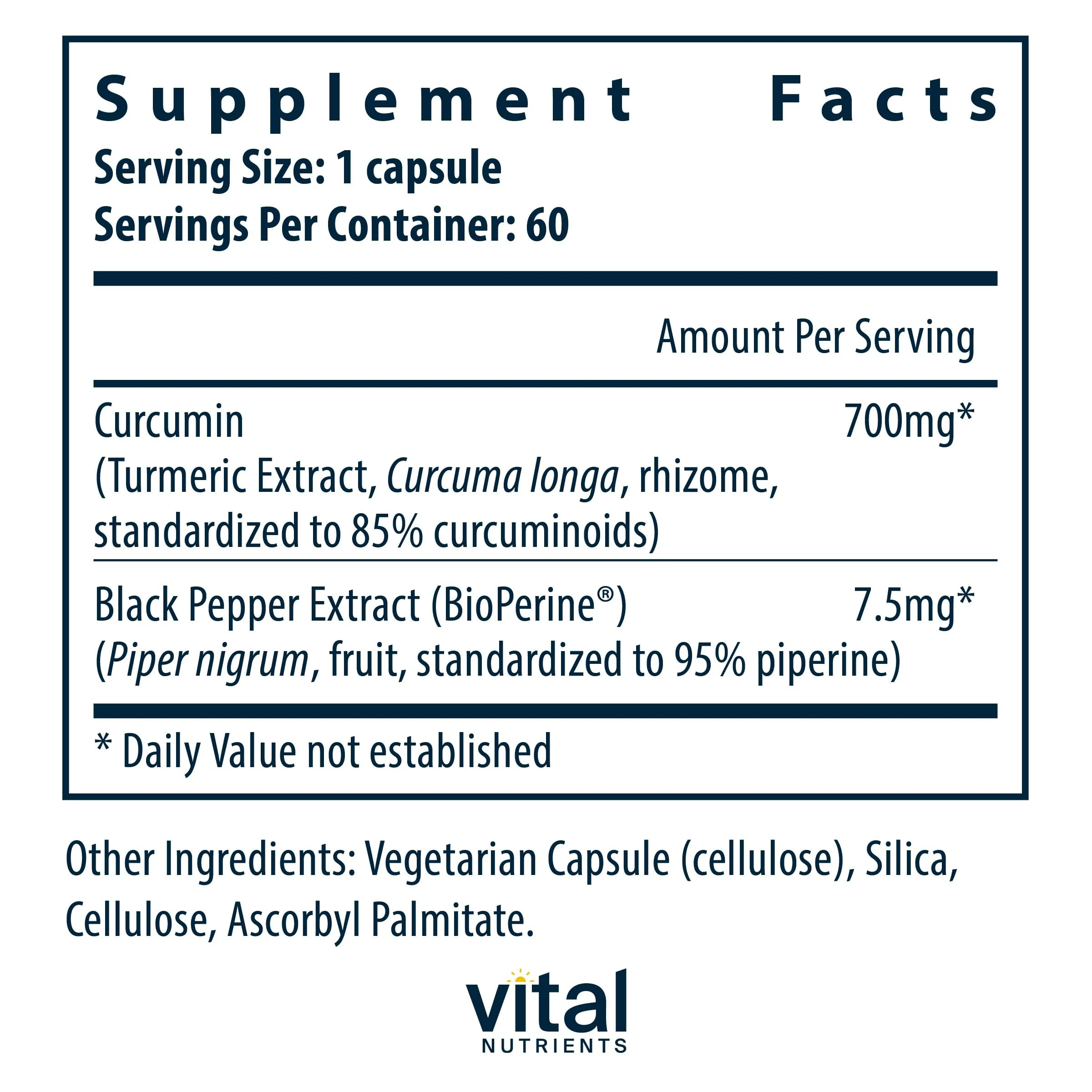 Vital Nutrients Curcumin Extract 700mg – Vegan Curcumin with Black Pepper (Bioperine) – 60 Capsules - Image 3