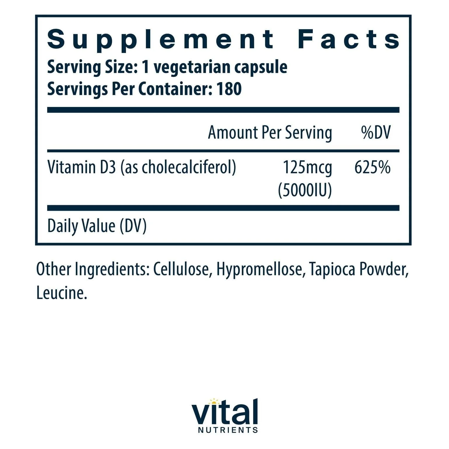 Vital Nutrients Vitamin D 5000 IU D3 Supplement – Supports Bones, Teeth & Immunity | Gluten, Dairy & Soy Free | 180 Capsules - Image 2