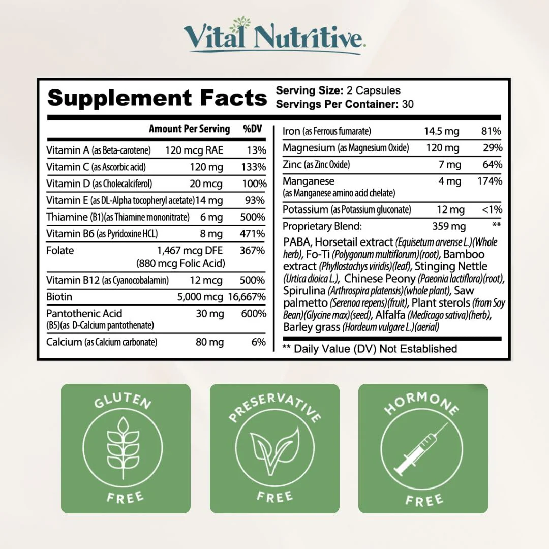 VITAL NUTRITIVE Vital Hair Complex – Biotin & Vitamin B Hair Vitamins for Women & Men (Hormone-Free, Gluten-Free) - Image 8