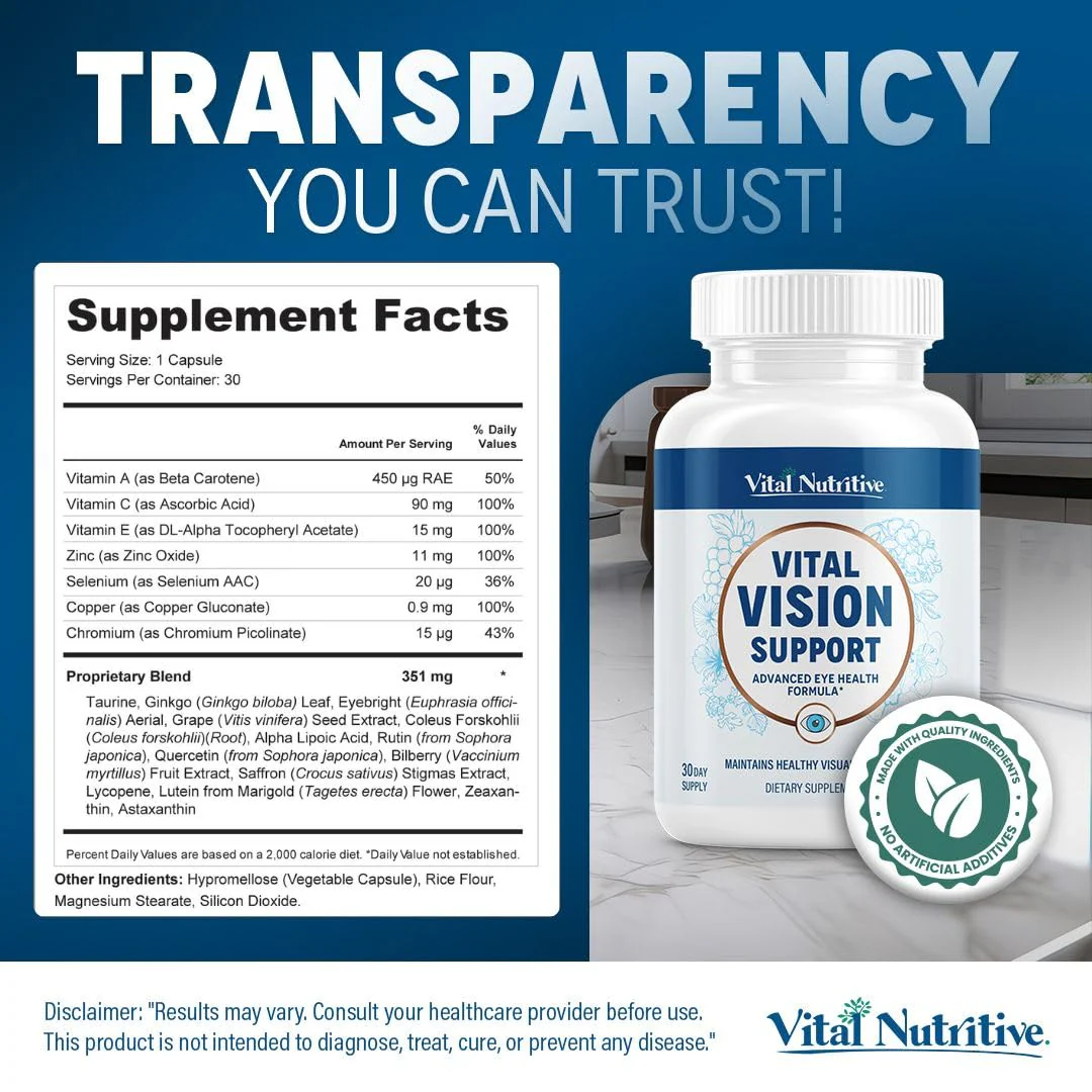 Vital Vision Support – Eye Health Supplement by Vital Nutritive with Vitamin A, Lutein & Antioxidants – 30-Day Serving - Image 5