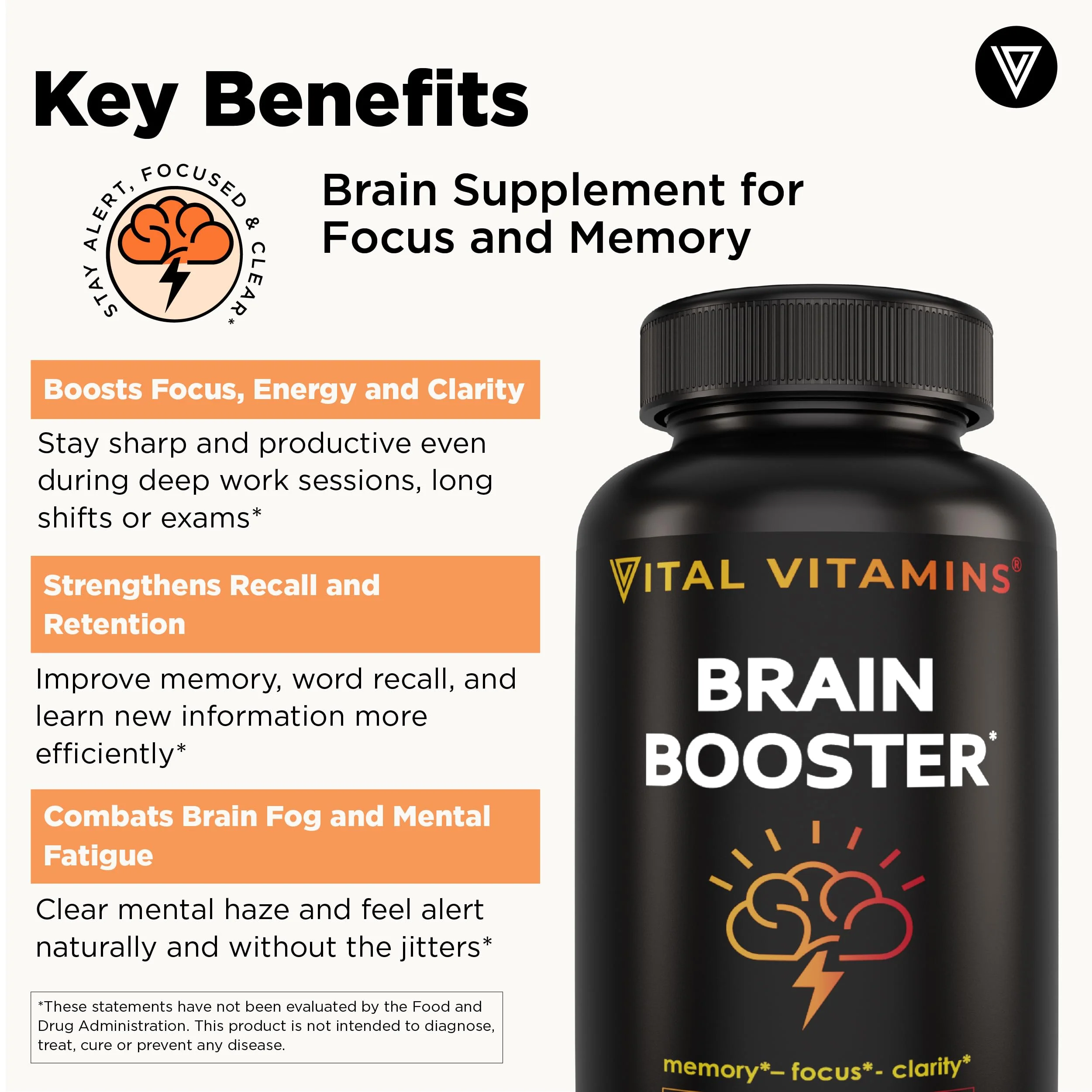 Vital Vitamins Brain Booster (3-Pack) – Memory & Focus Nootropic with Ginkgo, Rhodiola, B12 – Caffeine-Free, 90-Day Supply - Image 3