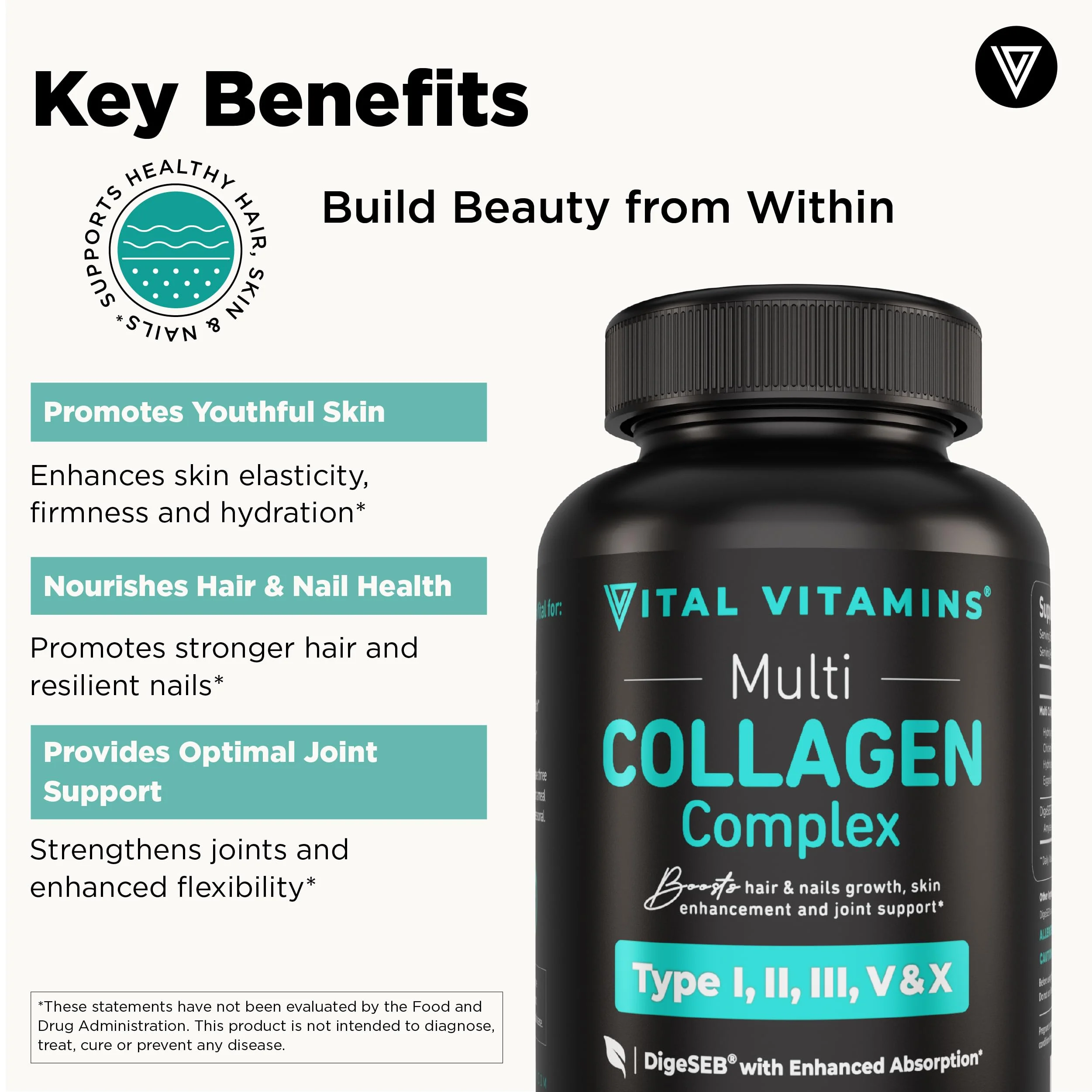 Vital Vitamins Multi Collagen Pills for Women & Men (2-Pack) - Hydrolyzed Collagen Peptides - Type I, II, III, V, X - Grass Fed, Non-GMO - Image 3