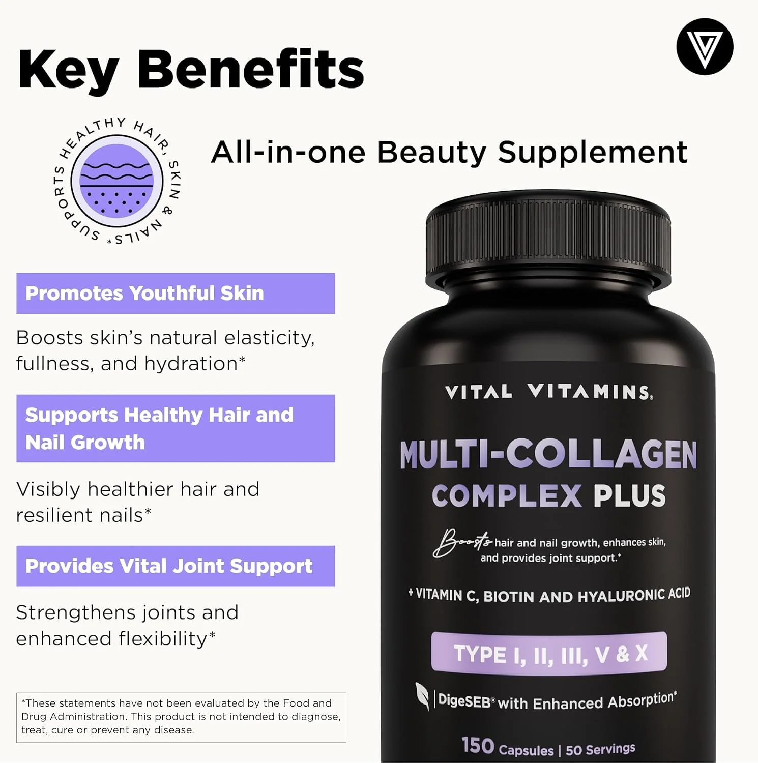 Vital Vitamins Multi Collagen Plus (2-Pack) – Biotin, Hyaluronic Acid & Vitamin C for Hair, Skin, Nails | Type I–X Collagen (Women & Men) - Image 4