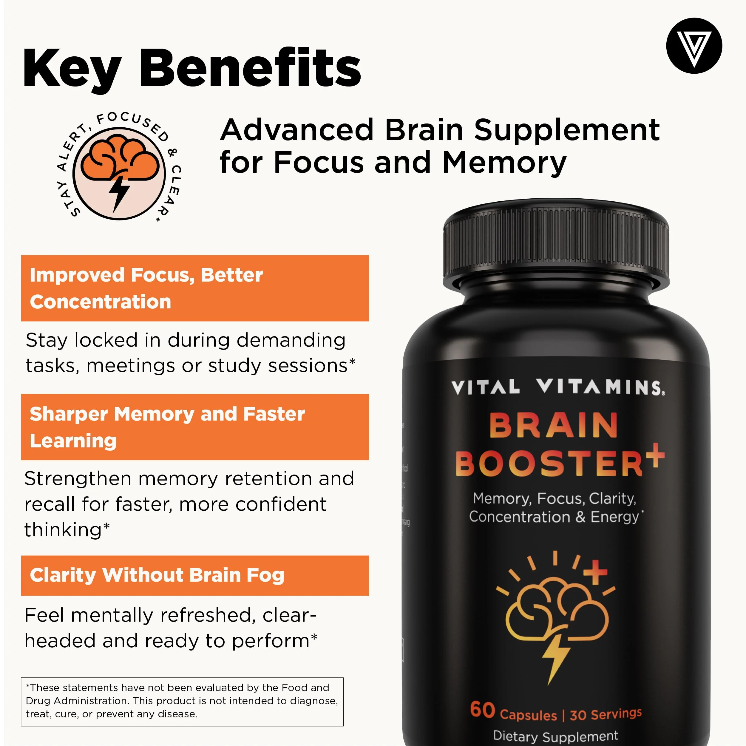 Vital Vitamins Nootropic Brain Supplement Plus – Memory & Focus (Lion's Mane) 60 Caps - Image 3
