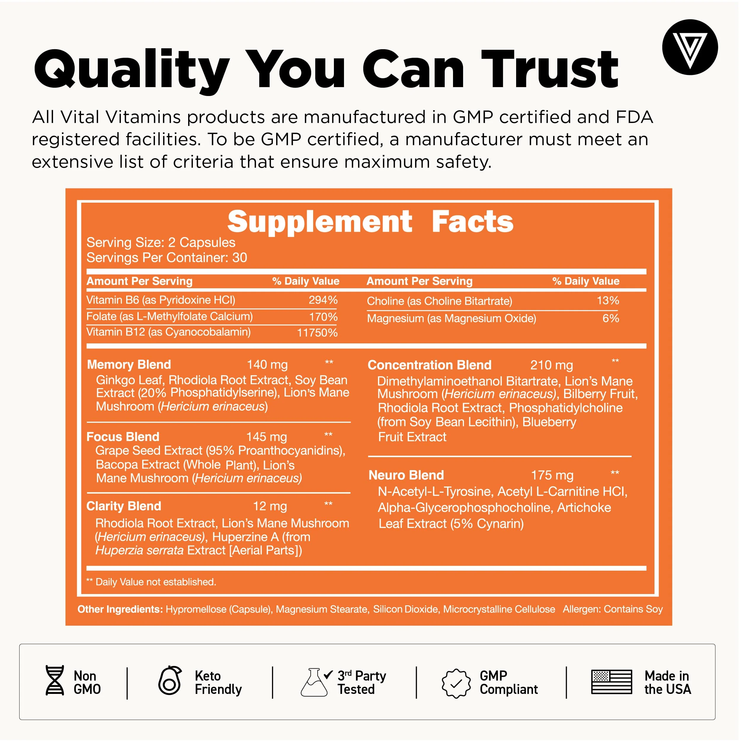 Vital Vitamins Nootropic Brain Supplement Plus – Memory & Focus (Lion's Mane) 60 Caps - Image 5