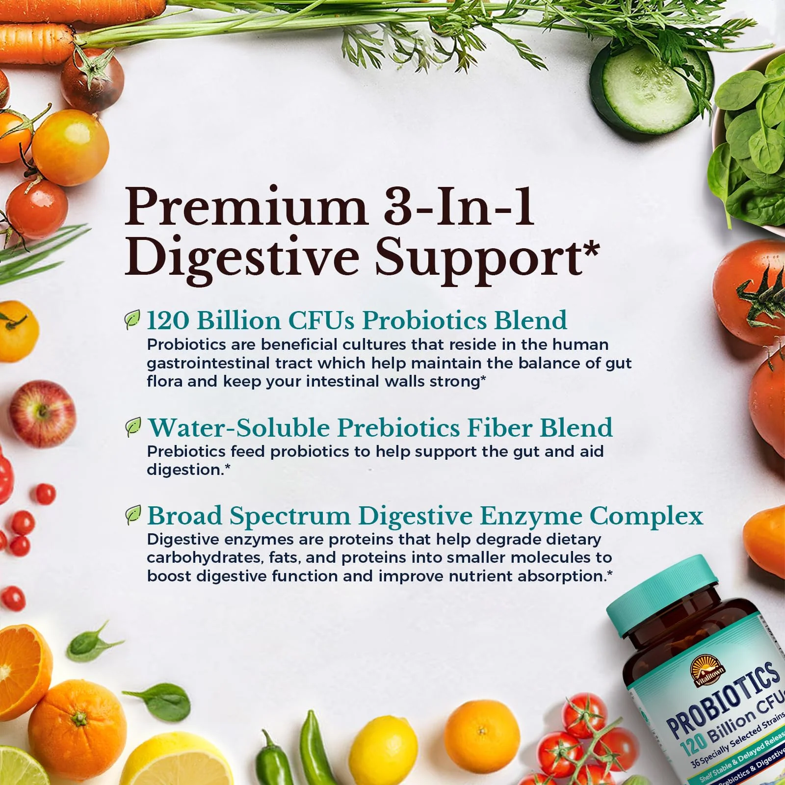 Vitalitown Probiotics 120 Billion CFUs | 36 Strains | Prebiotics & Digestive Enzymes | Shelf Stable | Vegan & Non-GMO | 60 Delayed-Release Veg Caps - Image 3