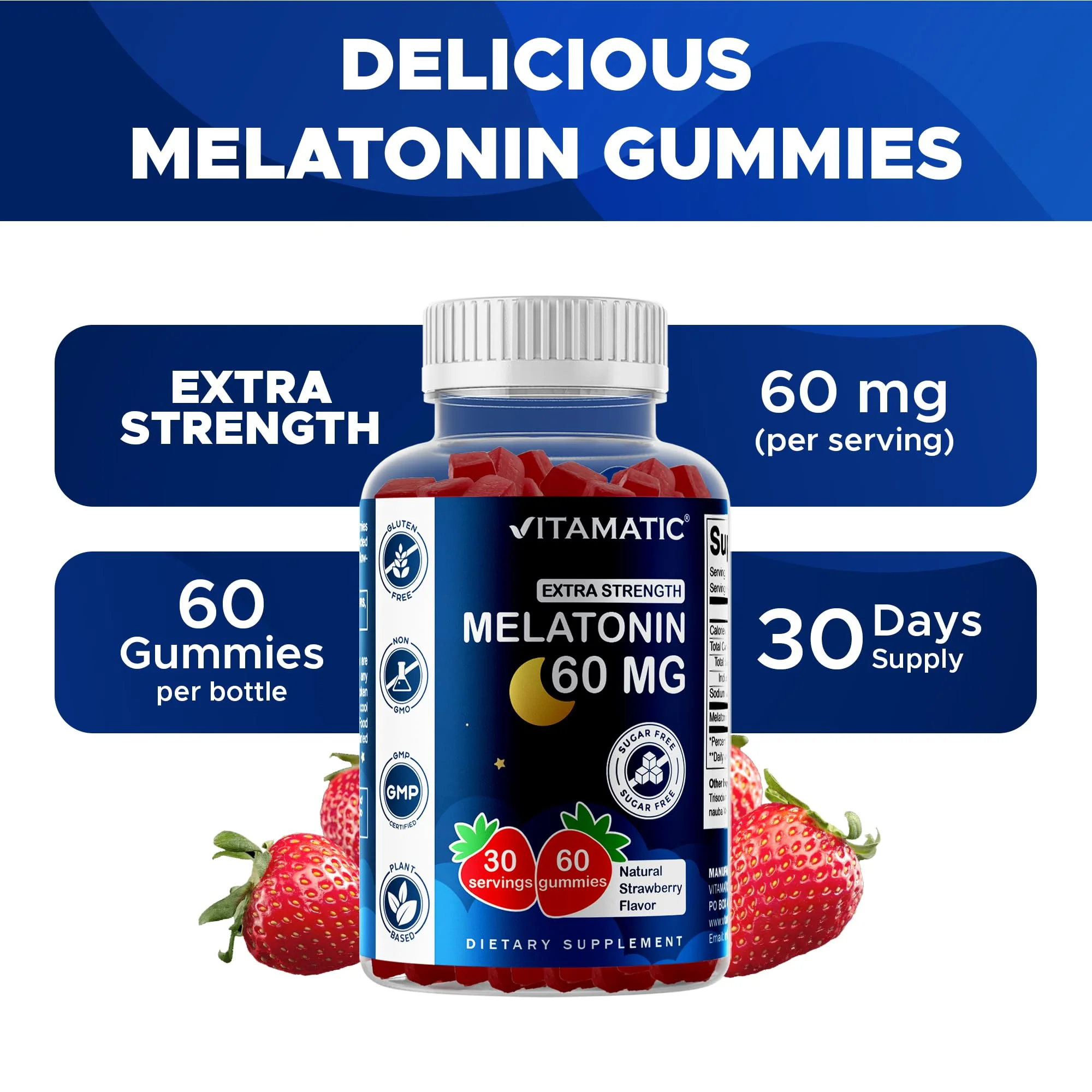 Vitamatic Sugar Free Melatonin 60 mg Gummies – 2 Pack (60 Gummies) – Vegan, Non-Habit Forming - Image 4