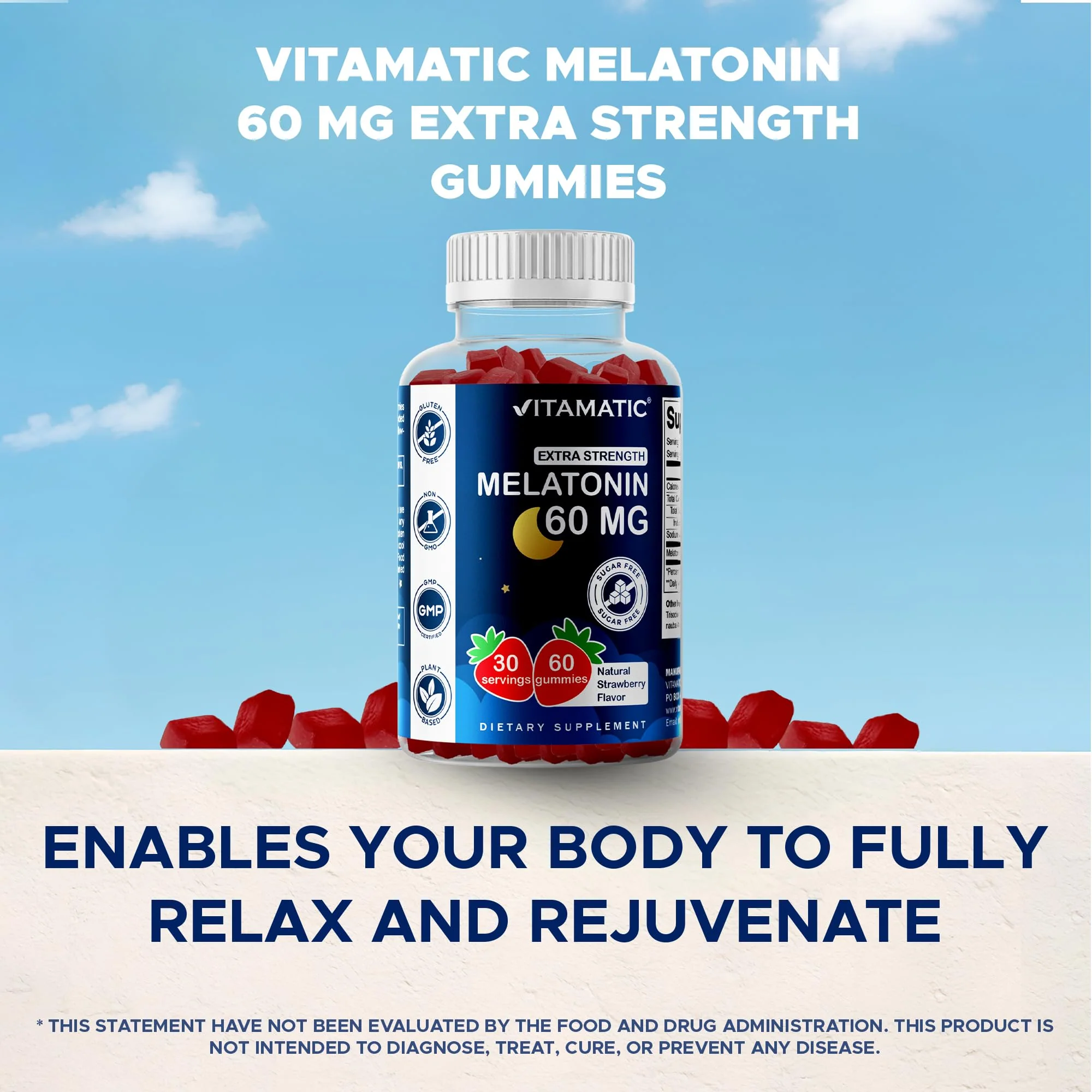 Vitamatic Sugar Free Melatonin 60 mg Gummies – 2 Pack (60 Gummies) – Vegan, Non-Habit Forming - Image 6