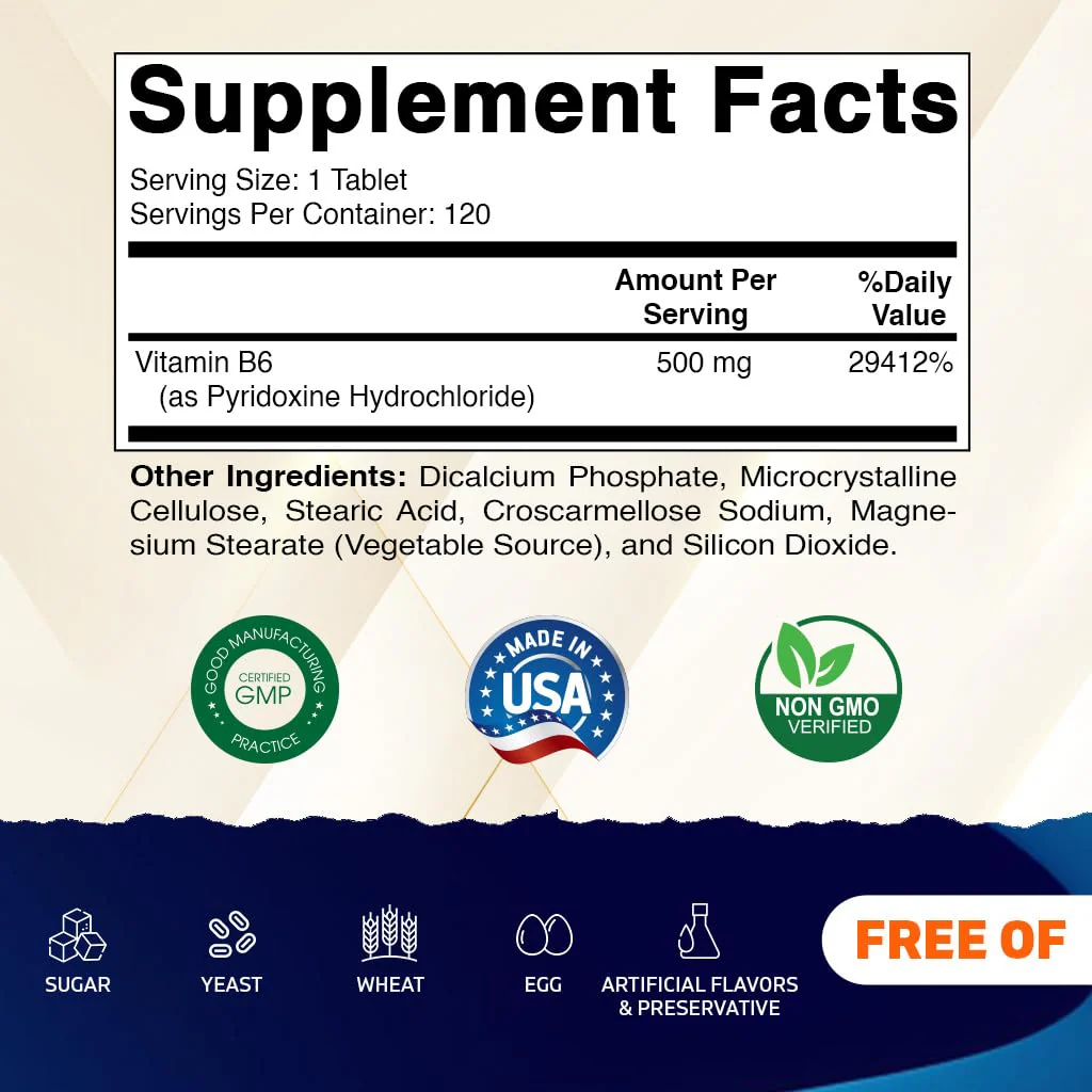 Vitamatic Vitamin B6 (Pyridoxine HCI) 500 mg – 120 Vegetarian Tablets, Pack of 2 | Energy, Metabolism & Immune Support - Image 2