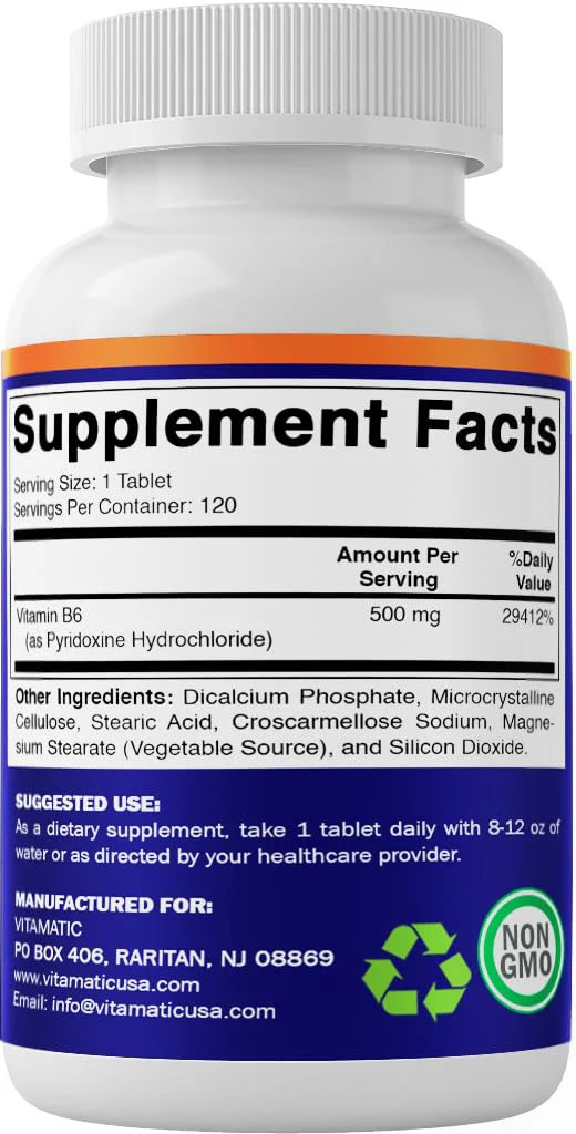 Vitamatic Vitamin B6 (Pyridoxine HCI) 500 mg – 120 Vegetarian Tablets, Pack of 2 | Energy, Metabolism & Immune Support - Image 4