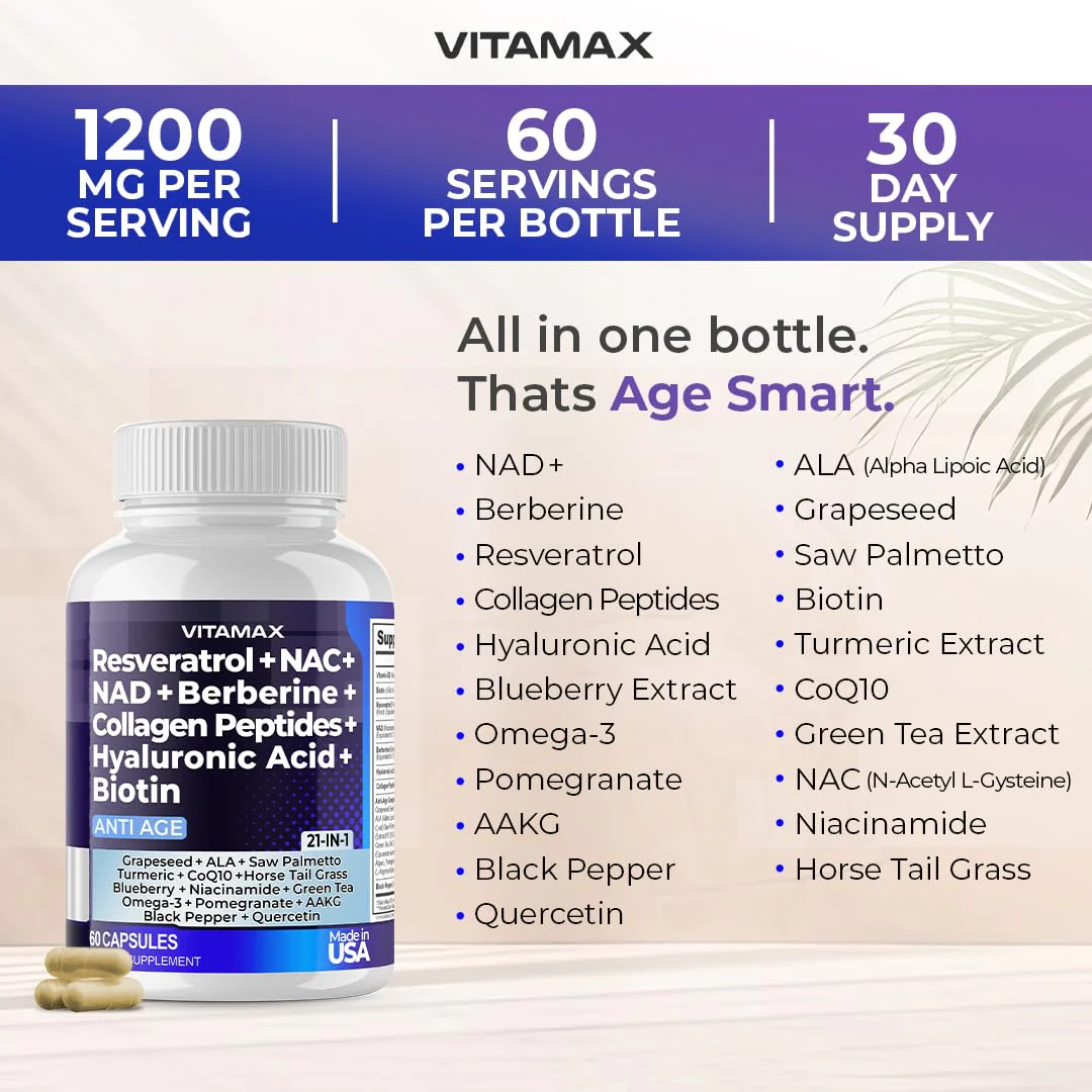 Vitamax 21-in-1 Age Smart NAD+ Resveratrol Berberine – Made in USA - Image 2