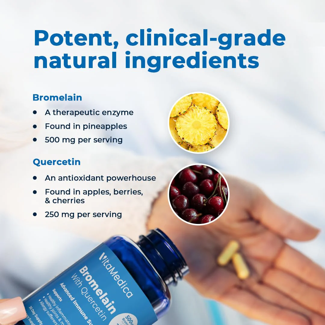 VitaMedica Bromelain & Quercetin Supplement – 500mg Bromelain / 250mg Quercetin, 2400 GDU, 60 Vegan Capsules (30 Servings) - Image 3