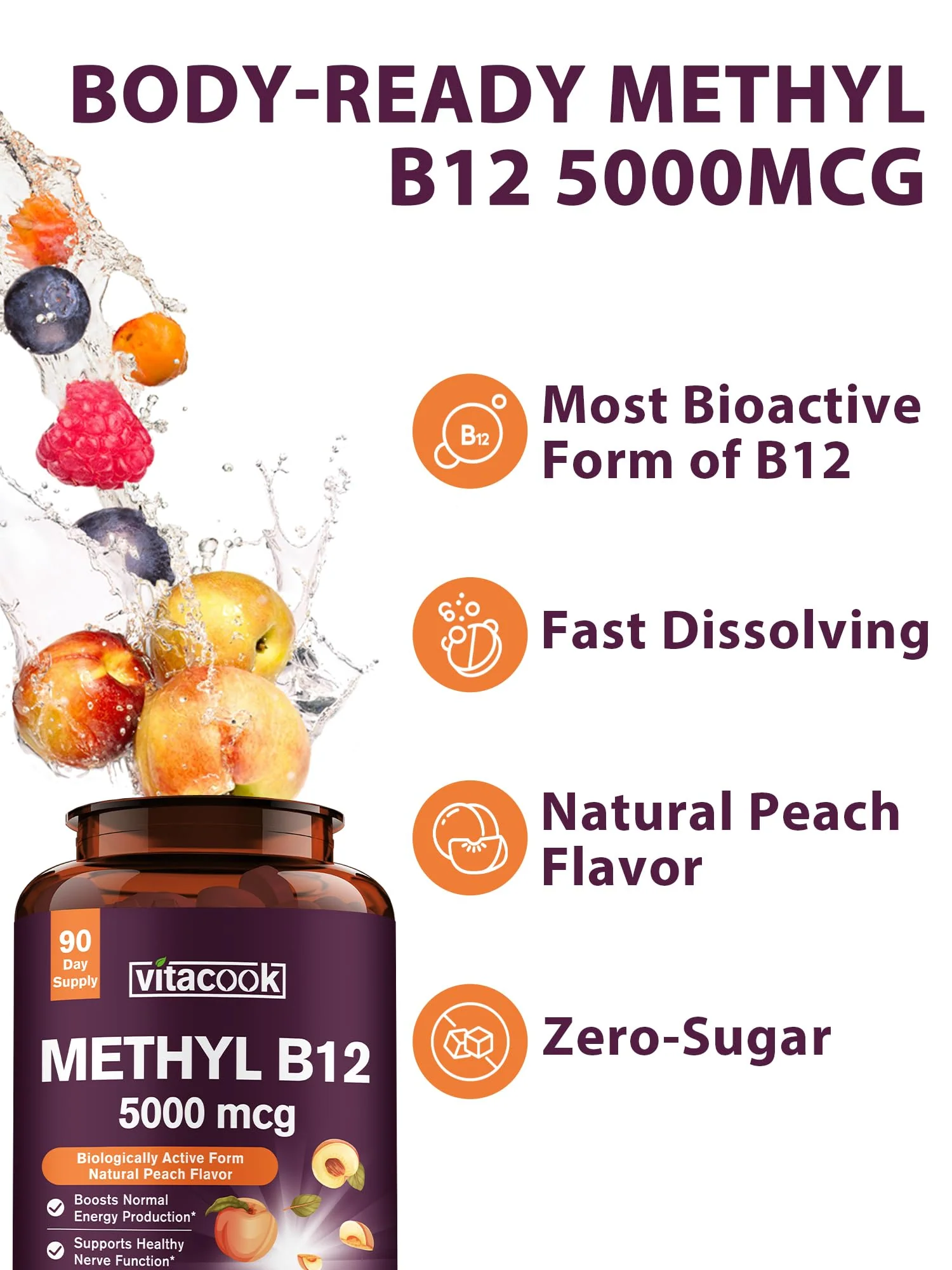 Vitamin B12 Sublingual 5000mcg – Energy & Nerve Support, Peach Flavor, Vegan - Image 3