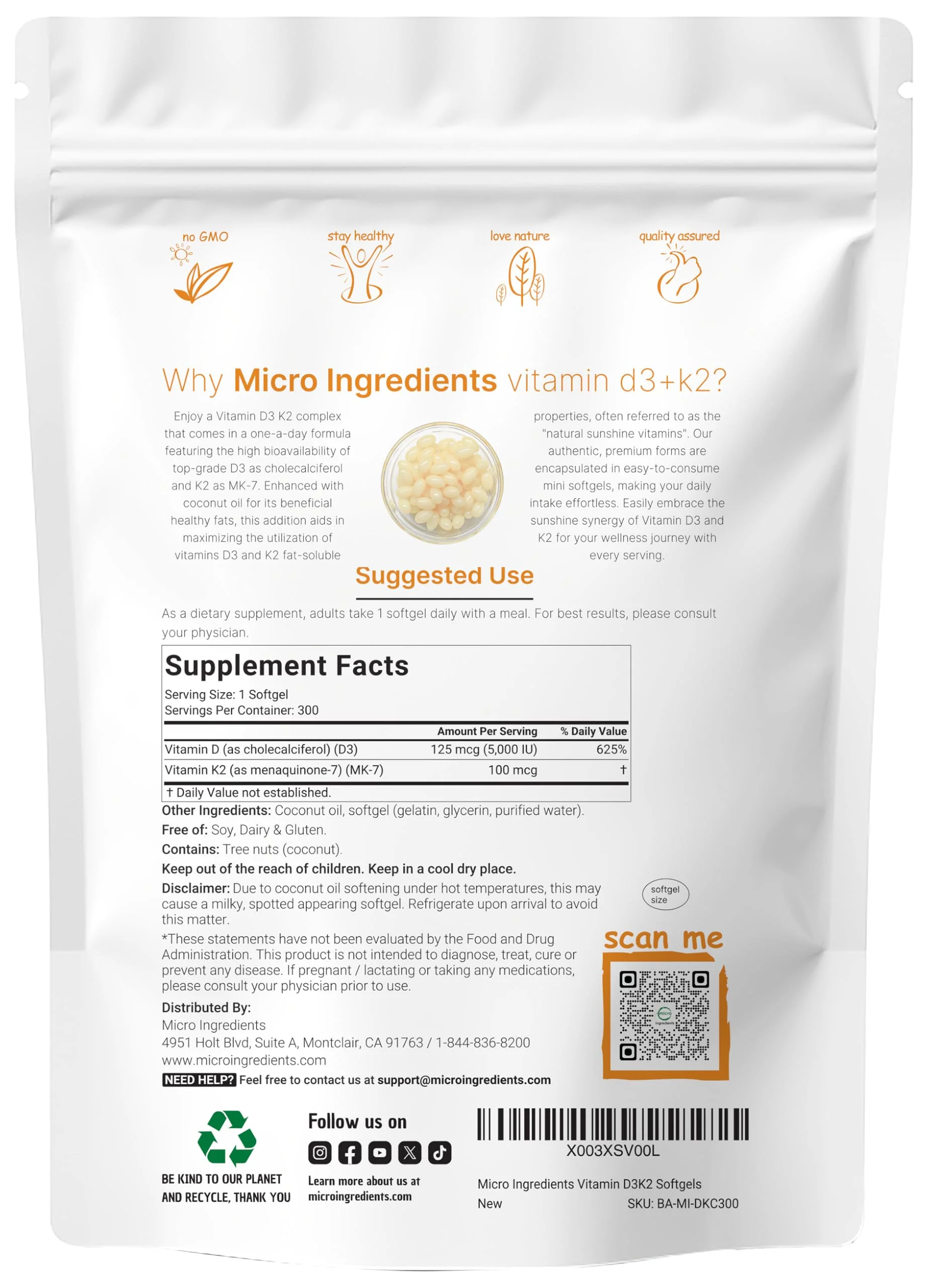 Vitamin D3 5000 IU + K2 MK-7 100 mcg – 300 Softgels, Virgin Coconut Oil - Image 2