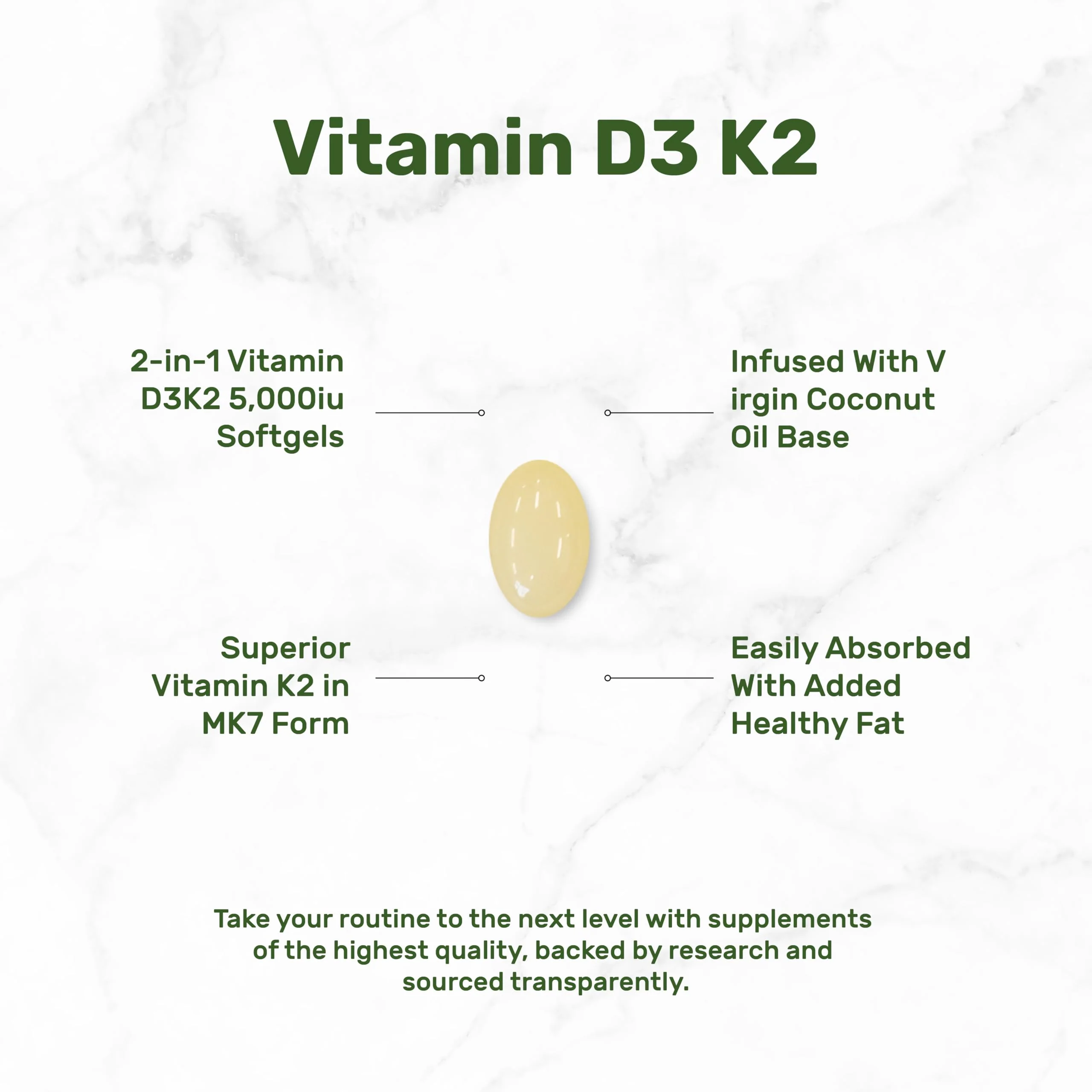 Vitamin D3 5000 IU + K2 MK7 Softgels — 2-in-1 Coconut Carrier | Heart, Bones & Immune Support - Image 3