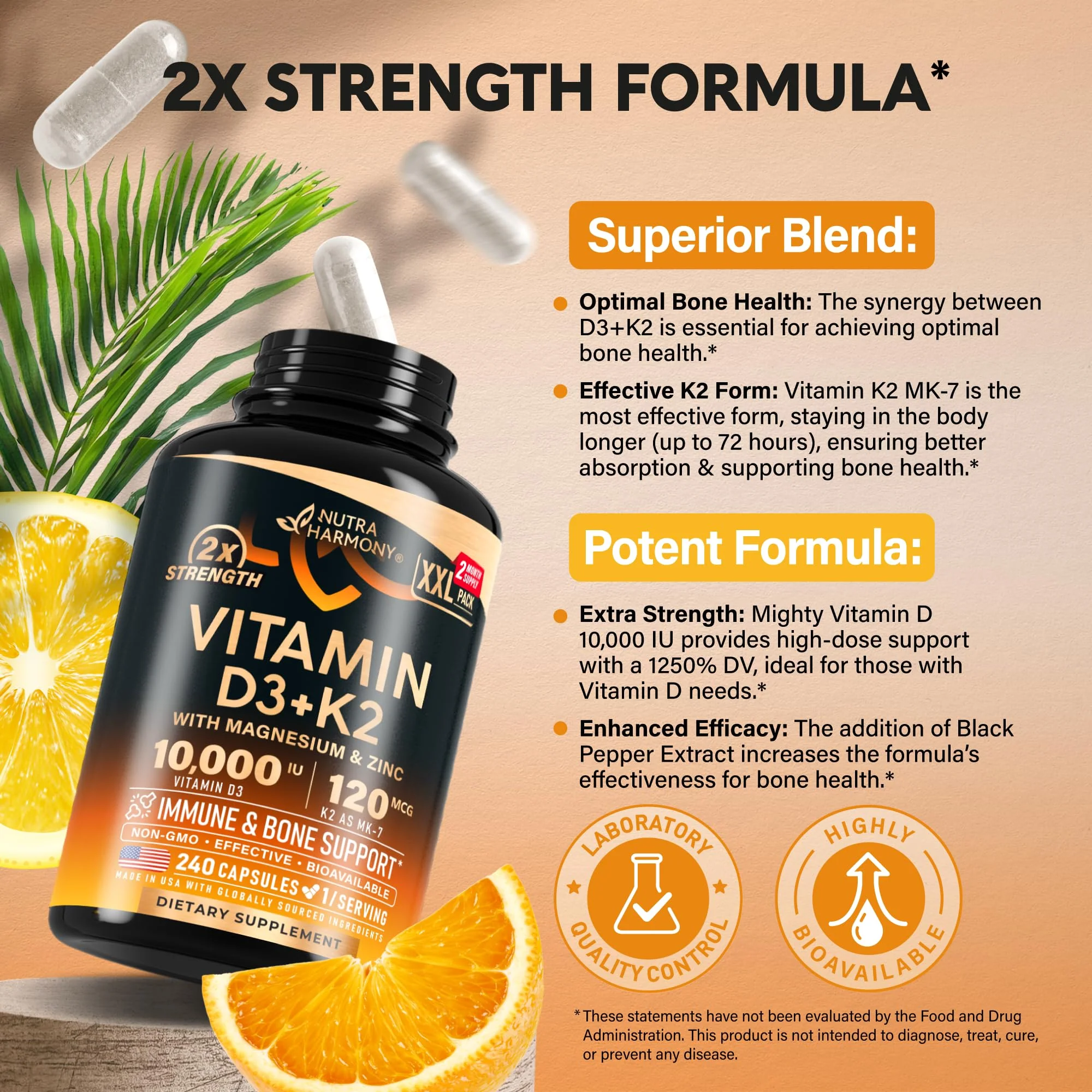 Vitamin D3 K2 10000 IU + MK-7 120 mcg | Immune, Bone & Mood Support | Made in USA | 240 Capsules - Image 4