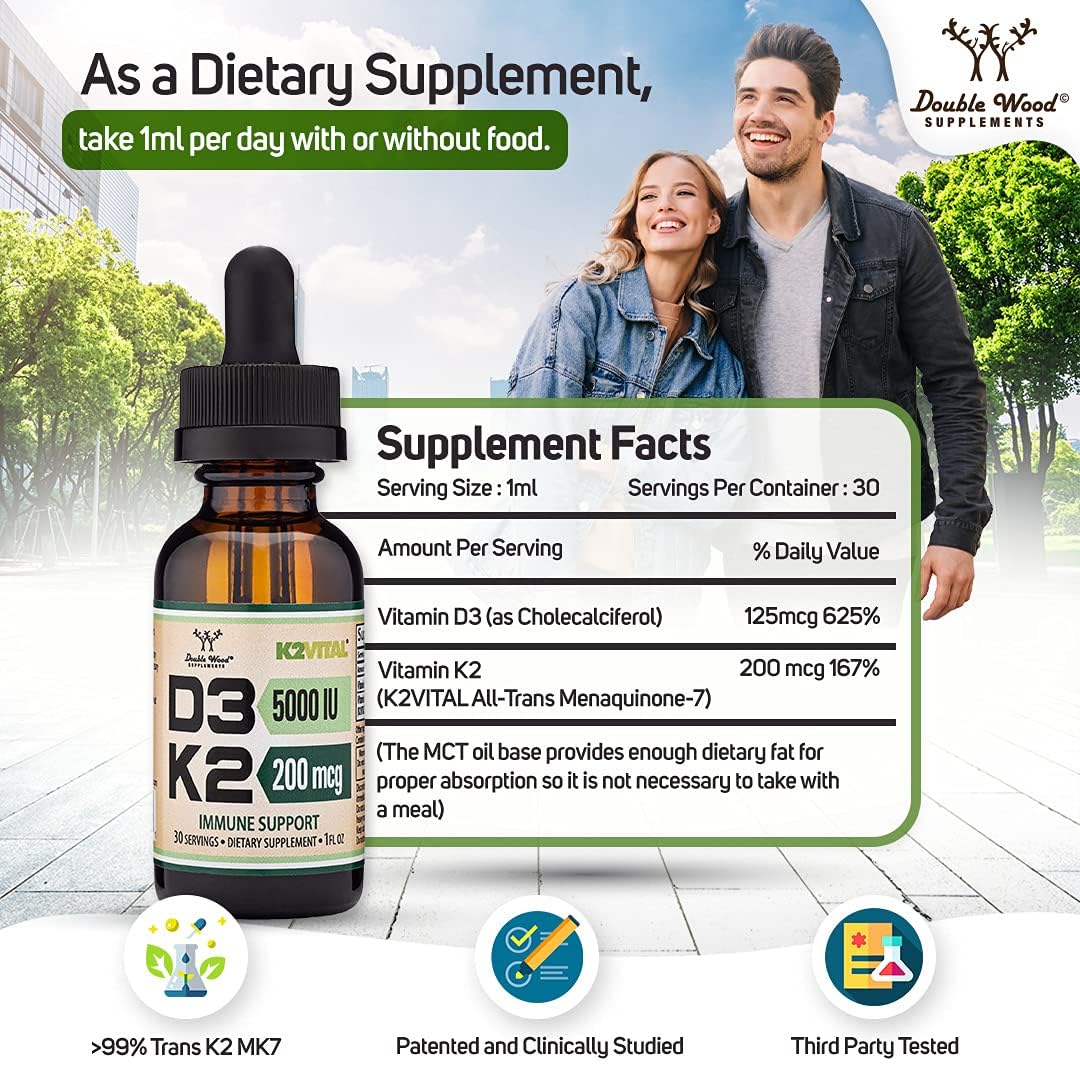 Vitamin D3 K2 5,000 IU Liquid Drops with All-Trans MK-7 (K2Vital) – Double Wood, Pack of 2 - Image 3