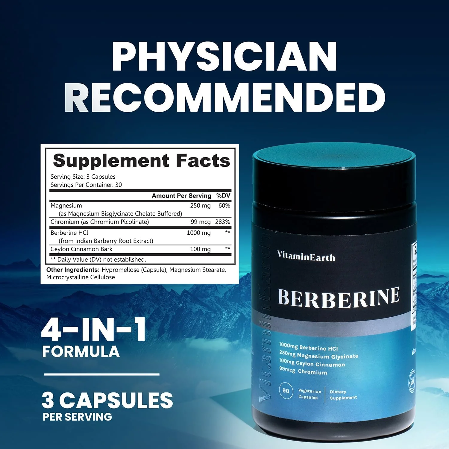 Vitamin Earth Berberine Complex – 1000mg Berberine HCl + Magnesium, Cinnamon, Chromium | 90 Capsules - Image 3