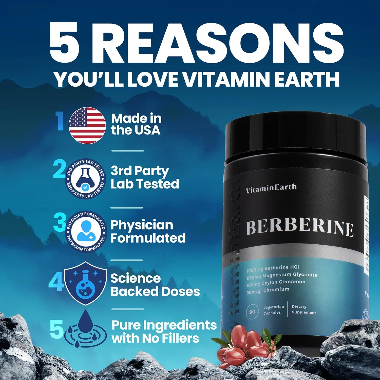 Vitamin Earth Berberine Complex – 1000mg Berberine HCl + Magnesium, Cinnamon, Chromium | 90 Capsules - Image 4