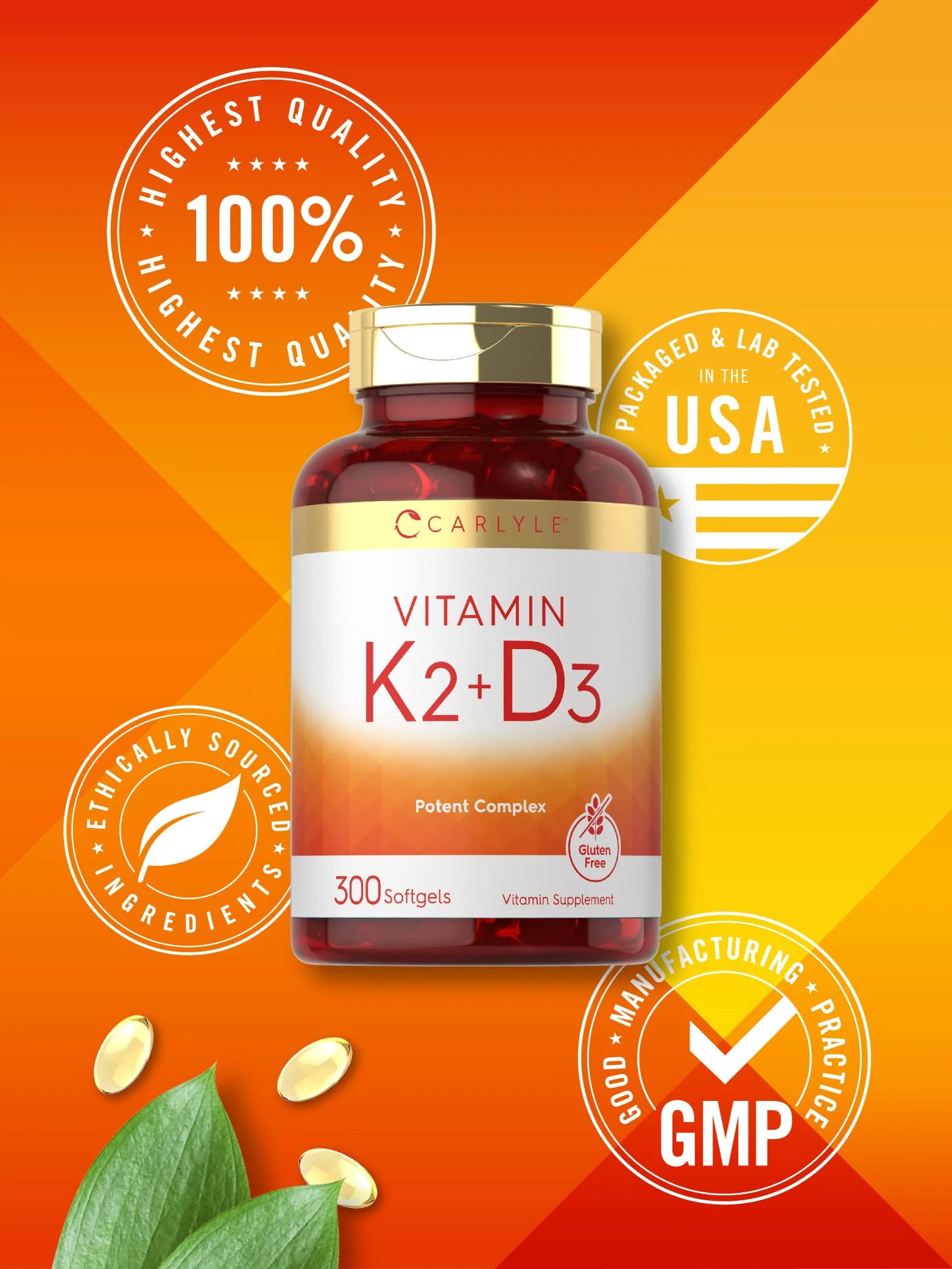 Vitamin K2 + D3 Supplement for Bone Health - Carlyle 300 Softgels | 200 mcg K2 MK-7 & 10,000 IU D3 | Non-GMO, Gluten Free (Pack of 2) - Image 6
