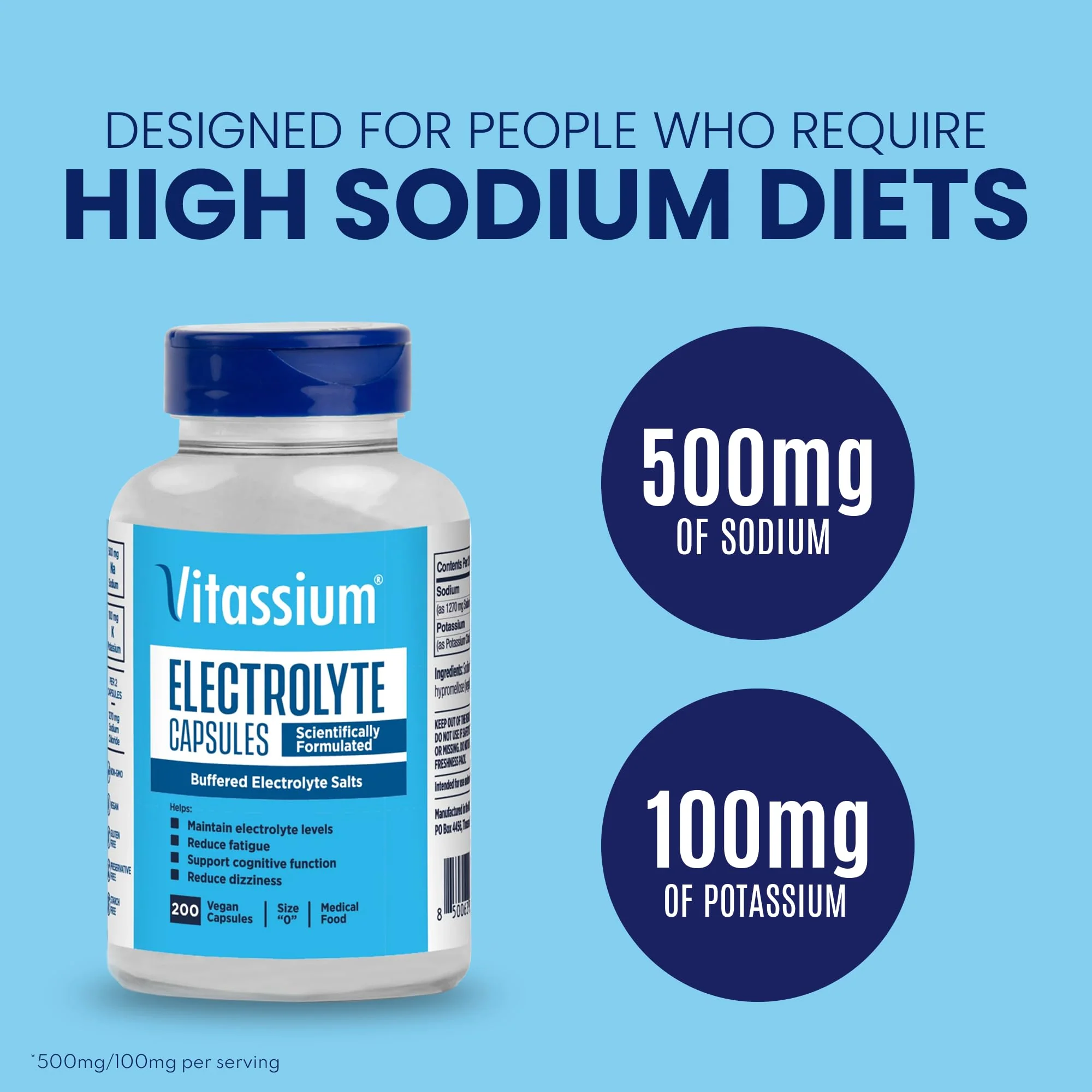 Vitassium Electrolyte Capsules — High-Sodium Diet Support (500mg Na, 100mg K) | Unflavored, 200 Capsules - Image 2
