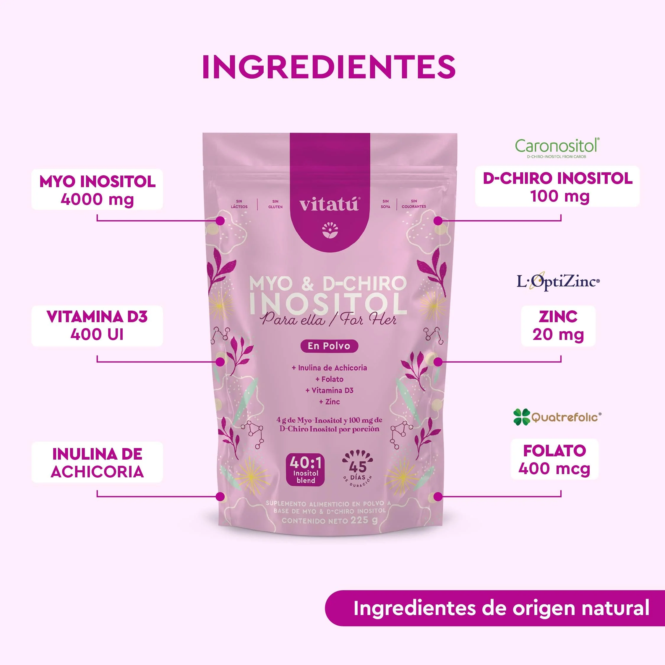 Vitatú Myo Inositol (4g) & D-Chiro Inositol (1g) 40:1 | 225 g, 45 Days | Folic Acid, Vitamin D3, Zinc - Image 2