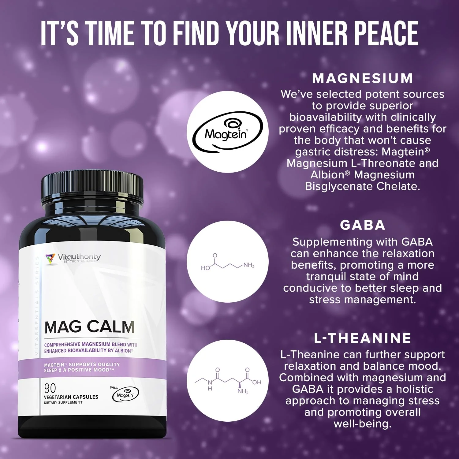 Vitauthority Magnesium L-Threonate Biglycenate Chelate Blend with GABA & L-Theanine Sleep Support - 90 Capsules (30 Servings) - Image 3