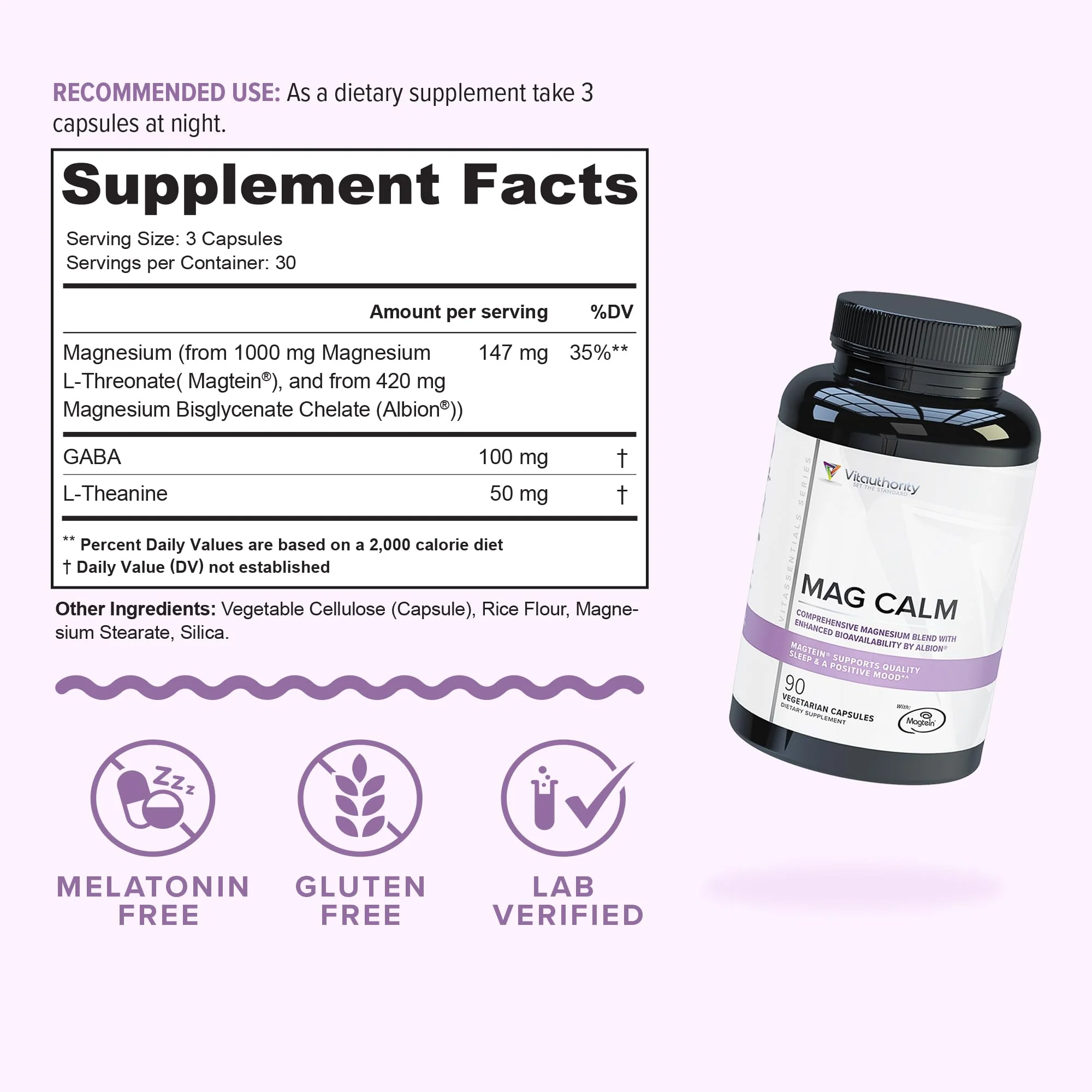Vitauthority Magnesium L-Threonate Biglycenate Chelate Blend with GABA & L-Theanine Sleep Support - 90 Capsules (30 Servings) - Image 9