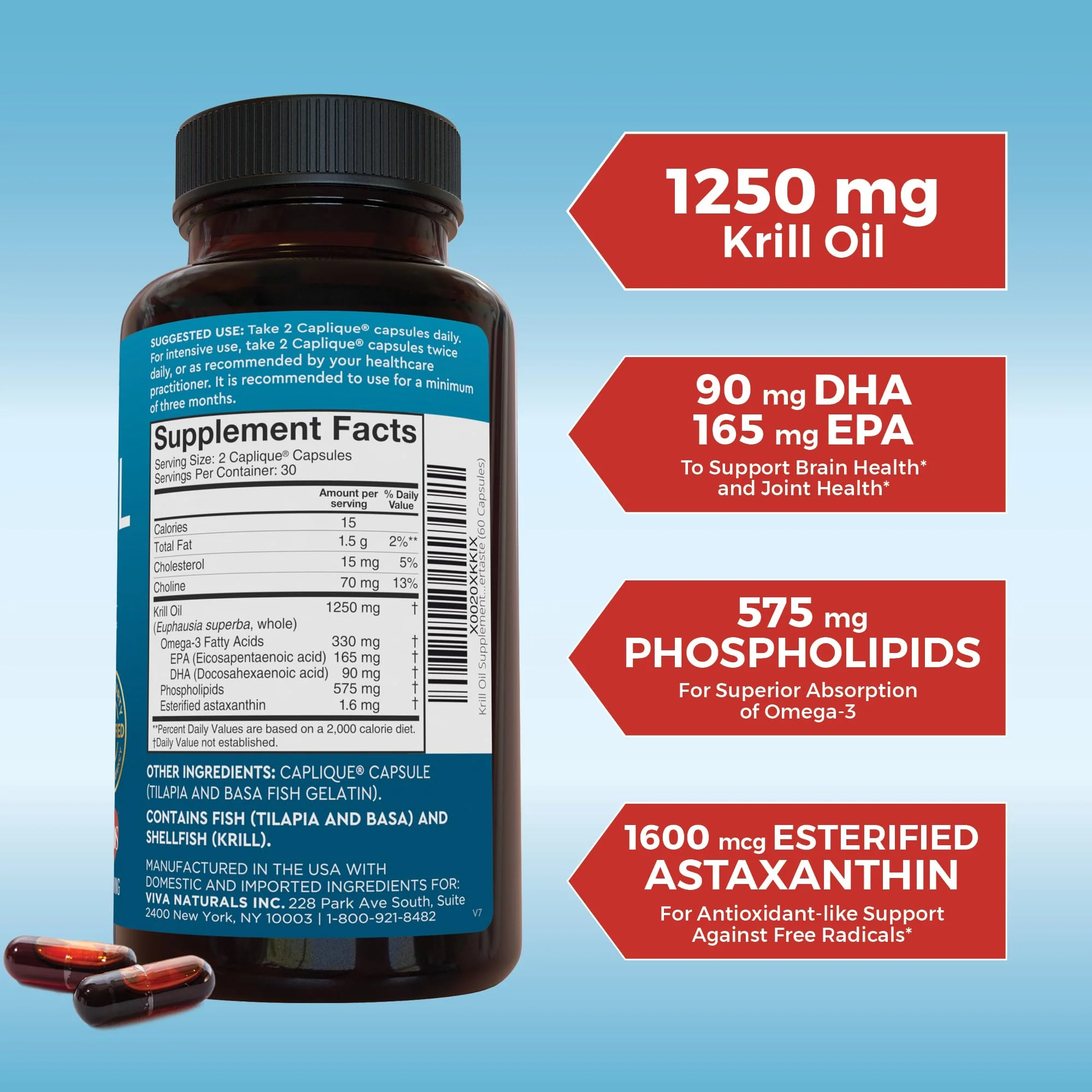 Viva Naturals Antarctic Krill Oil 1250 mg — EPA/DHA + Astaxanthin | Joint & Brain Support | No Fishy Aftertaste | Pack of 6 - Image 2