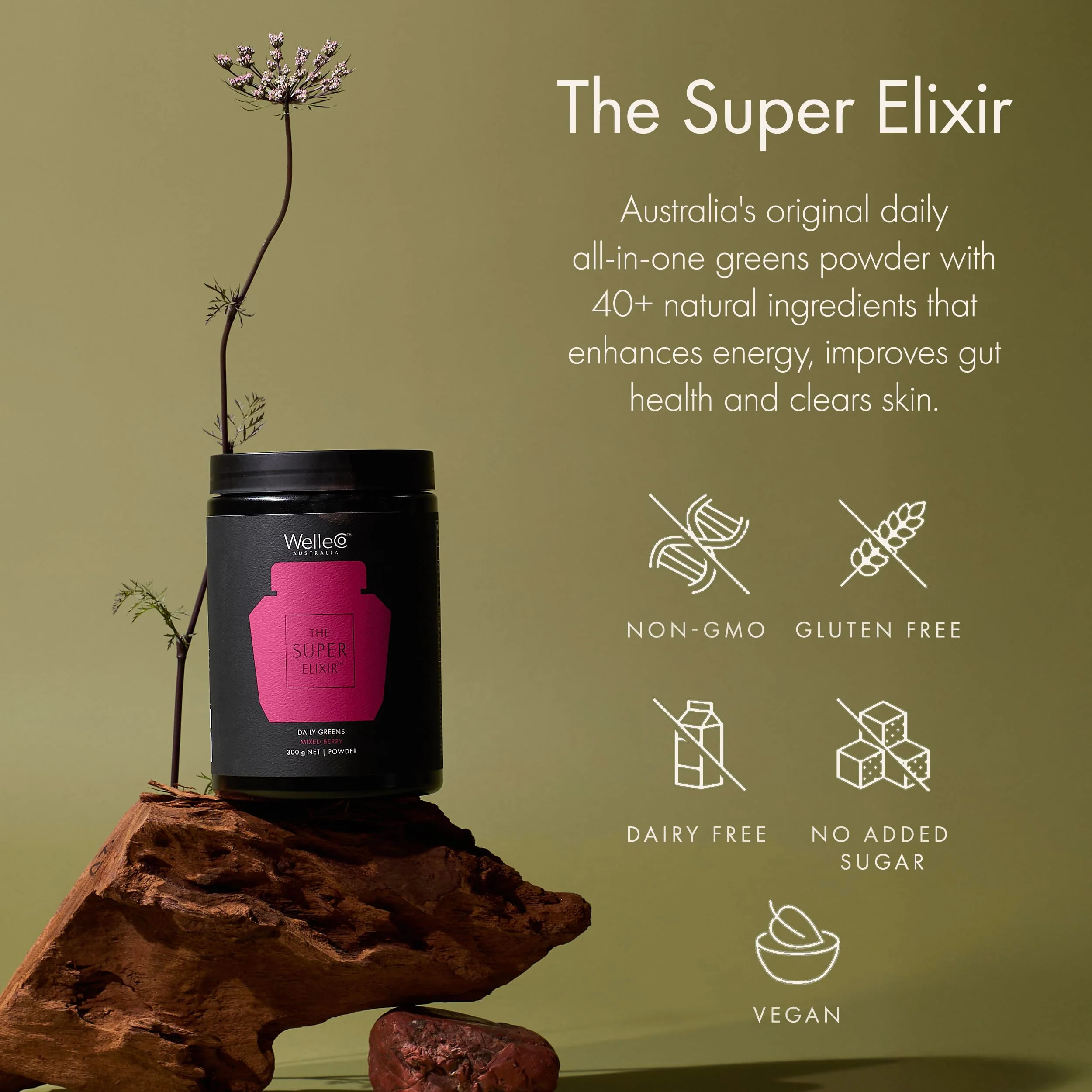 WelleCo The Super Elixir Daily Greens Powder – Probiotic Drink Mix (300g, Mixed Berry) - Image 18