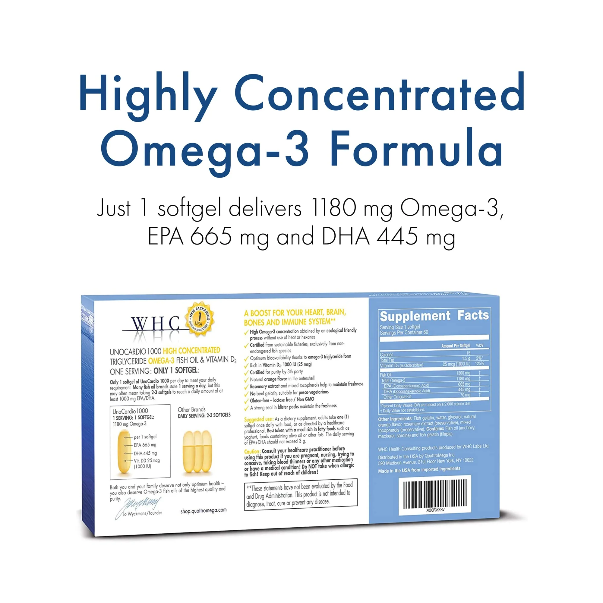 WHC UnoCardio 1000 Fish Oil — 1180 mg Omega-3 per Softgel, EPA 665 mg, DHA 445 mg, Vitamin D3 25 mcg, Orange, 60 Softgels - Image 12