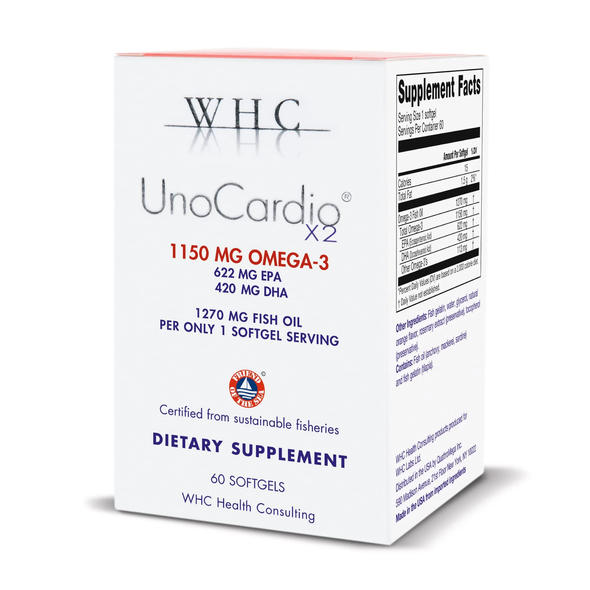 WHC UnoCardio X2 Fish Oil – 1270 mg Omega-3 (EPA 622 mg / DHA 420 mg), r-TG, 60 Softgels
