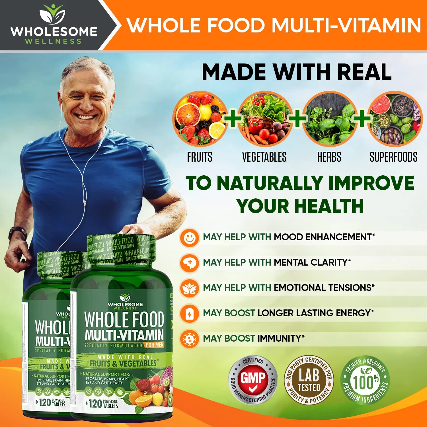 Wholesome Wellness Whole Food Multivitamin for Men – Vegan, Non-GMO, 120 Tablets - Image 11