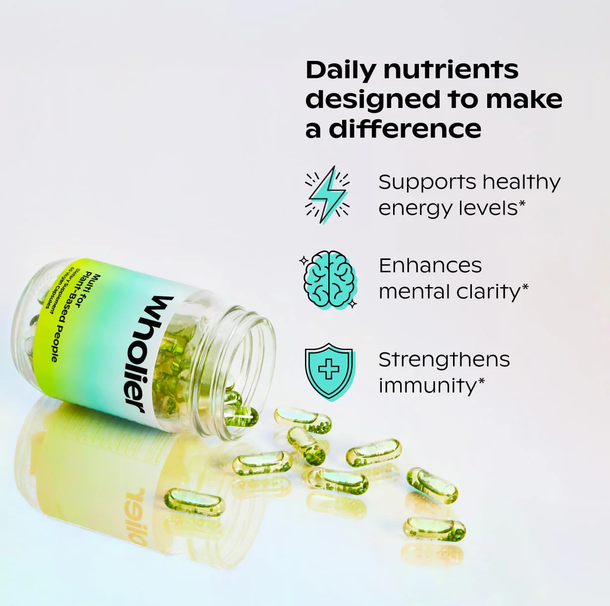 Wholier Plant Based Multivitamin – Vegan Omega-3 DHA/EPA, D3, B12, Zinc, K2, Iron, Iodine, Selenium | 60 Count Glass Bottle - Image 3