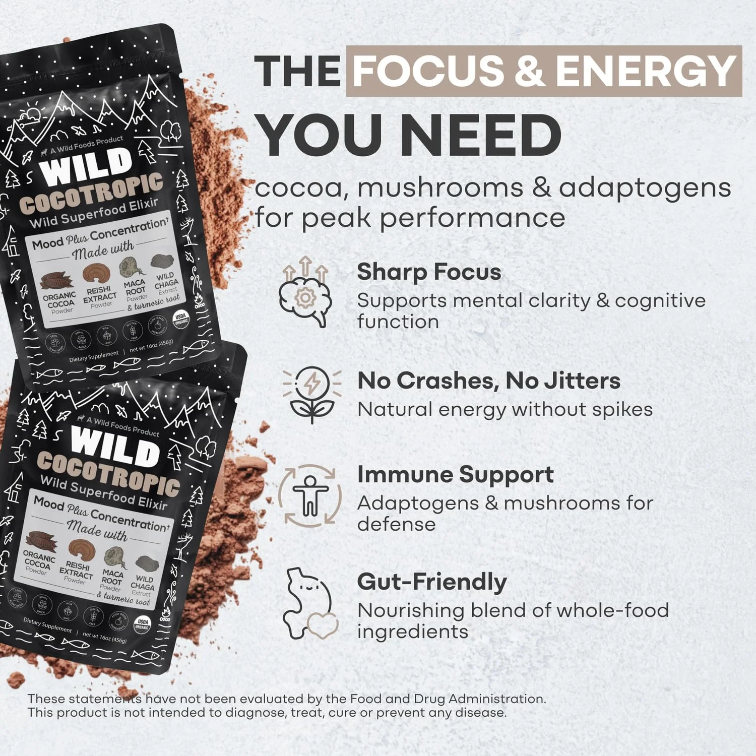 Wild Cocotropic Organic Mushroom Cocoa Mix - Sugar Free, Keto & Paleo (2x16oz) - Image 3