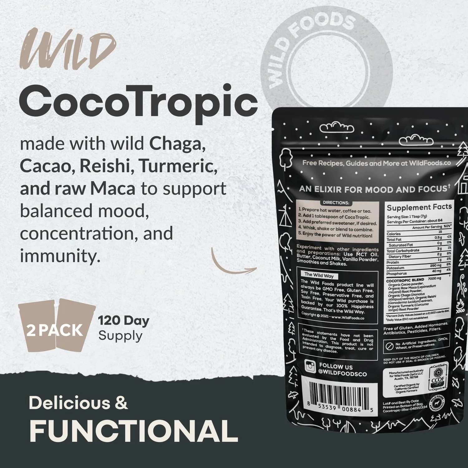 Wild Cocotropic Organic Mushroom Cocoa Mix - Sugar Free, Keto & Paleo (2x16oz) - Image 4