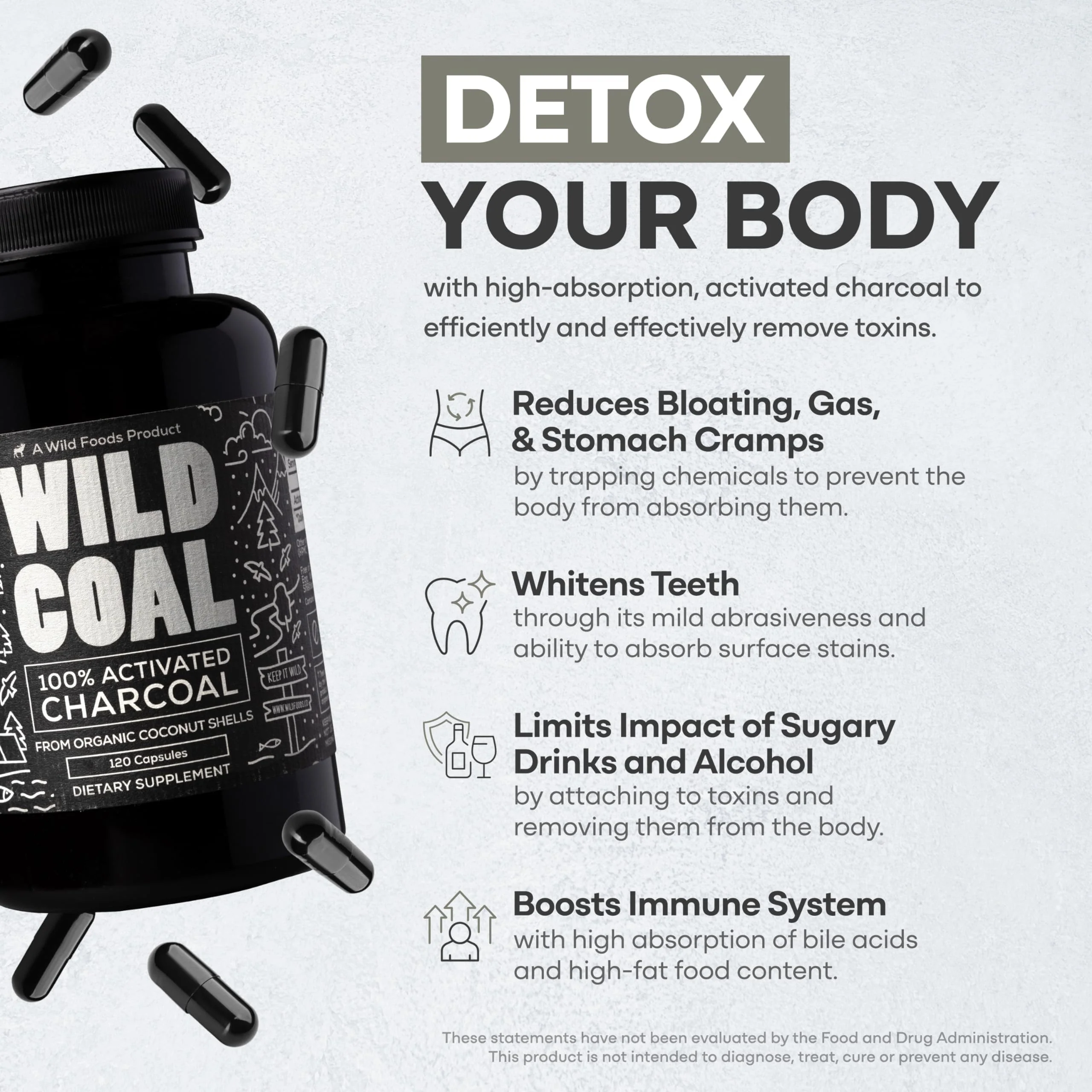 Wild Foods Activated Charcoal Capsules | 100% Organic Coconut Shells | USA Made & Lab Tested Detox Pills (Three Bottles - 120 Capsules) - Image 7