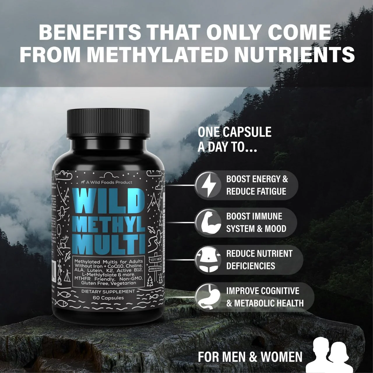 Wild Foods Methylated Multivitamin for Men & Women - Iron-Free Daily Multi with Methyl B12, Folate, A, D, K2, CoQ10 (Pack of Two) - Image 10