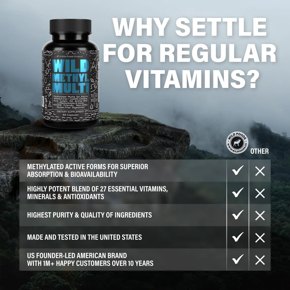 Wild Foods Methylated Multivitamin for Men & Women - Iron-Free Daily Multi with Methyl B12, Folate, A, D, K2, CoQ10 (Pack of Two) - Image 13