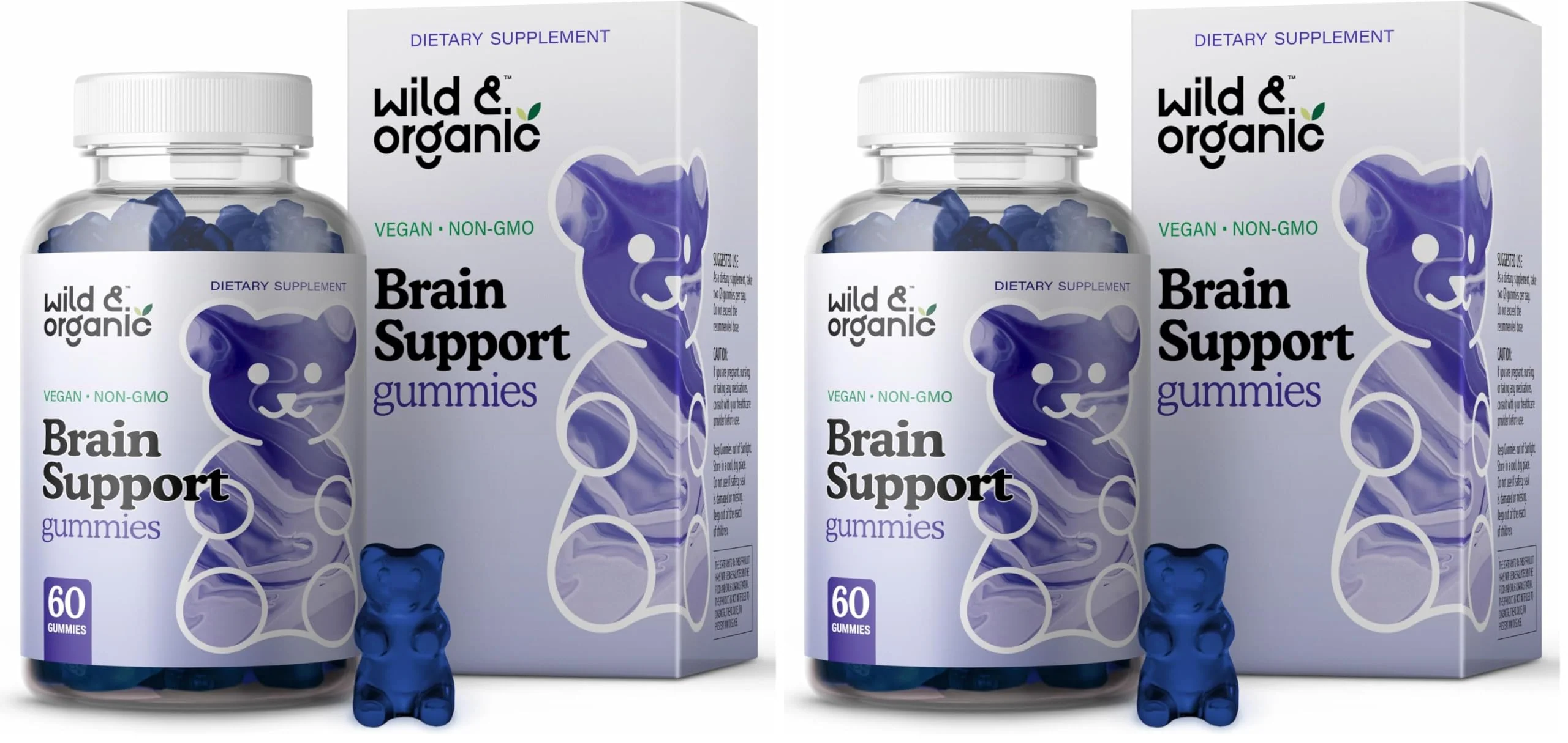 Wild & Organic Brain Support Gummies – Focus & Clarity with Ashwagandha, B12, Ginkgo, Bacopa – Vegan Gummies (Pack of 2) | 60 Gummies