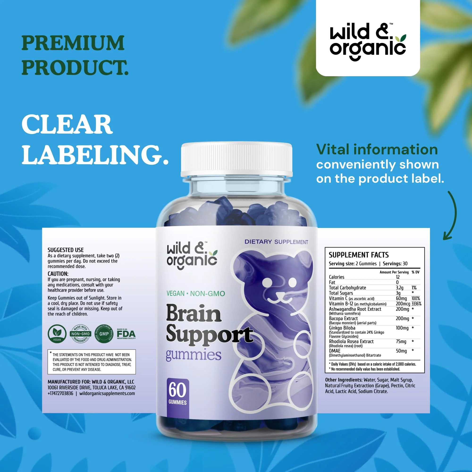 Wild & Organic Brain Support Gummies – Focus & Clarity with Ashwagandha, B12, Ginkgo, Bacopa – Vegan Gummies (Pack of 2) | 60 Gummies - Image 8