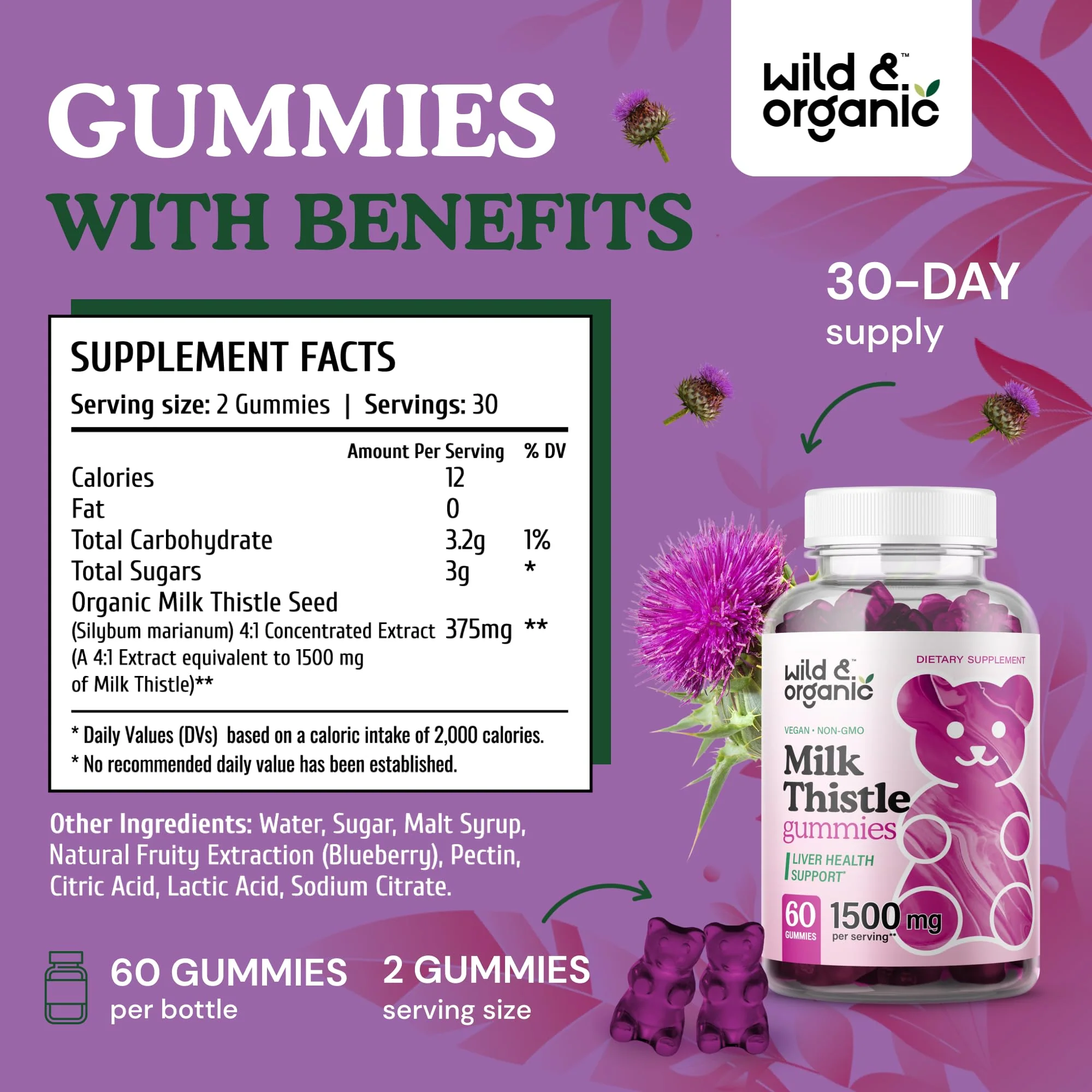 Wild & Organic Milk Thistle Gummies – Liver Detox 1500mg | 60 Vegan Chews (Pack of 2) - Image 4