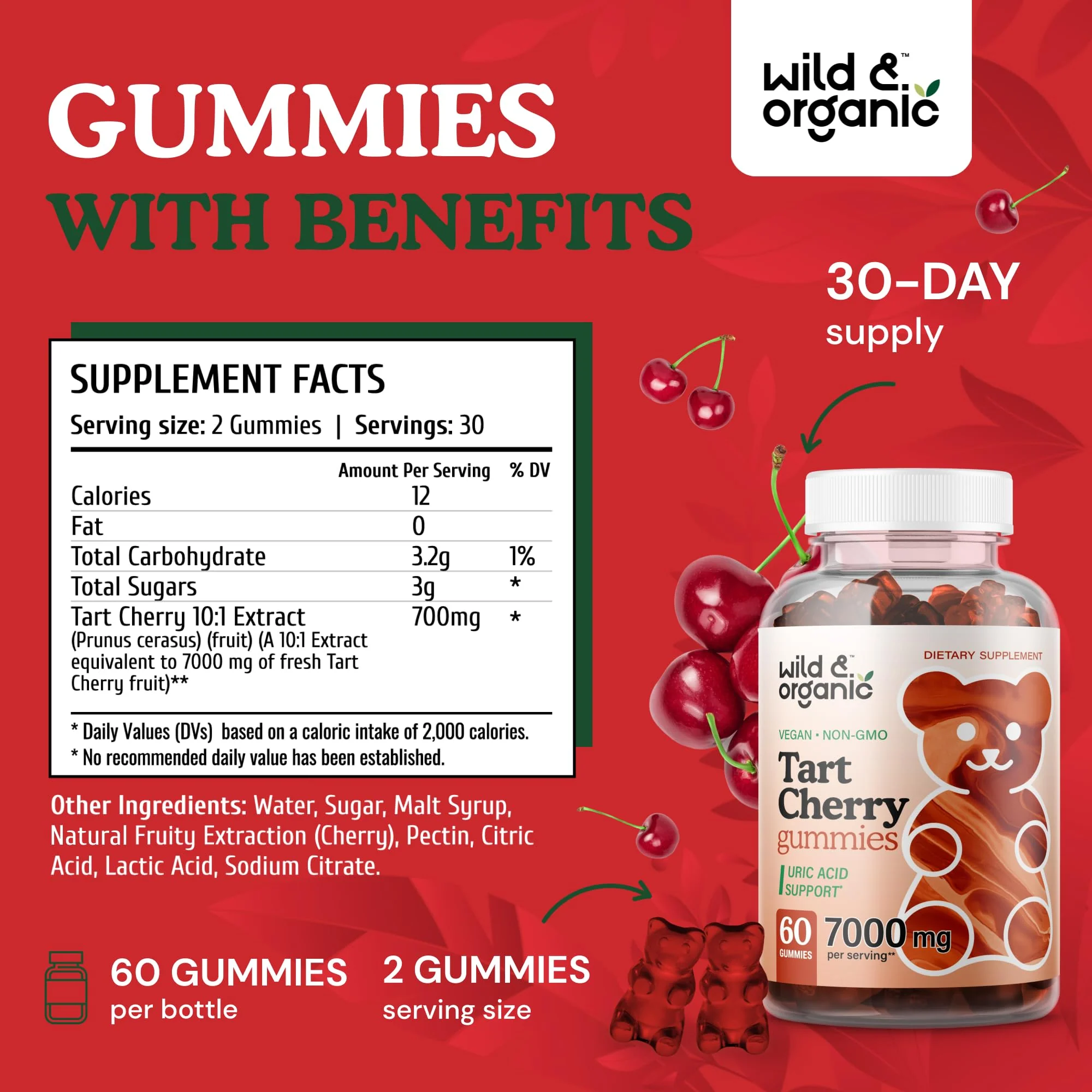 Wild & Organic Tart Cherry Gummies 7000 mg - Tart Cherry Extract for Uric Level Support - 60 Vegan, Non-GMO Chews (Pack of 2) - Image 4