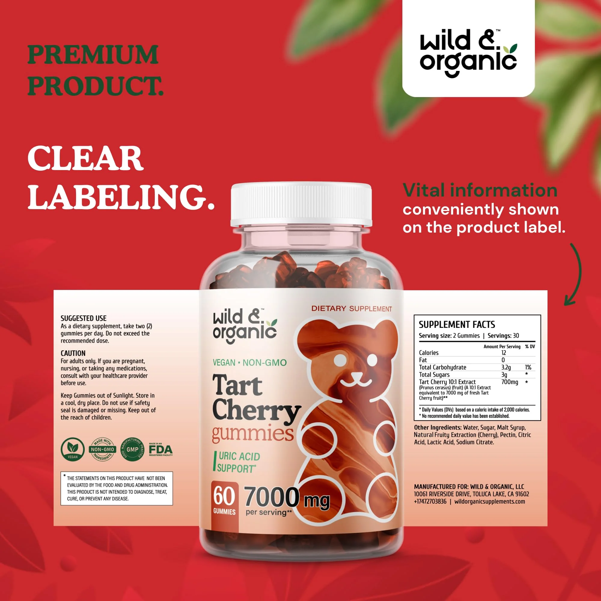 Wild & Organic Tart Cherry Gummies 7000 mg - Tart Cherry Extract for Uric Level Support - 60 Vegan, Non-GMO Chews (Pack of 2) - Image 8