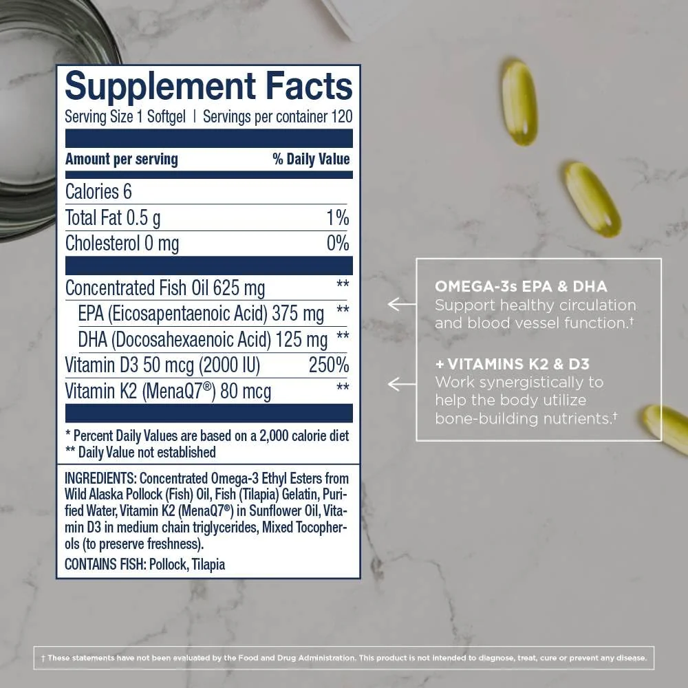 Wiley's Finest Wild Alaskan Fish Oil Vitamin K2 & D3 Softgels - 500mg EPA/DHA | 120 Servings - Image 3