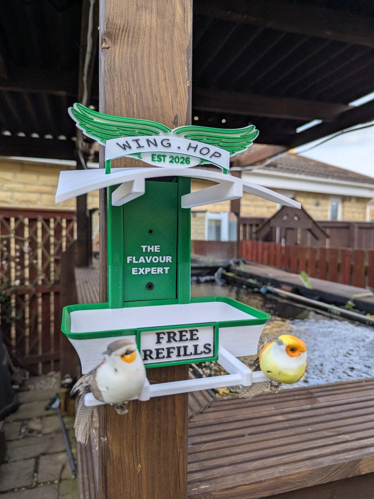 Wing Hop Bird Feeder – 3D Printed Fly Thru Feeder – Quirky Garden Decor – Funny Bird Seed Feeder – Unique Outdoor Gift